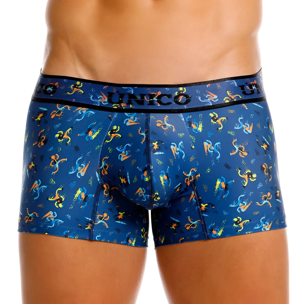 Blue unico boxer briefs with vibrant orange and yellow abstract pattern in fabric from unico 25060100106 pacer trunks