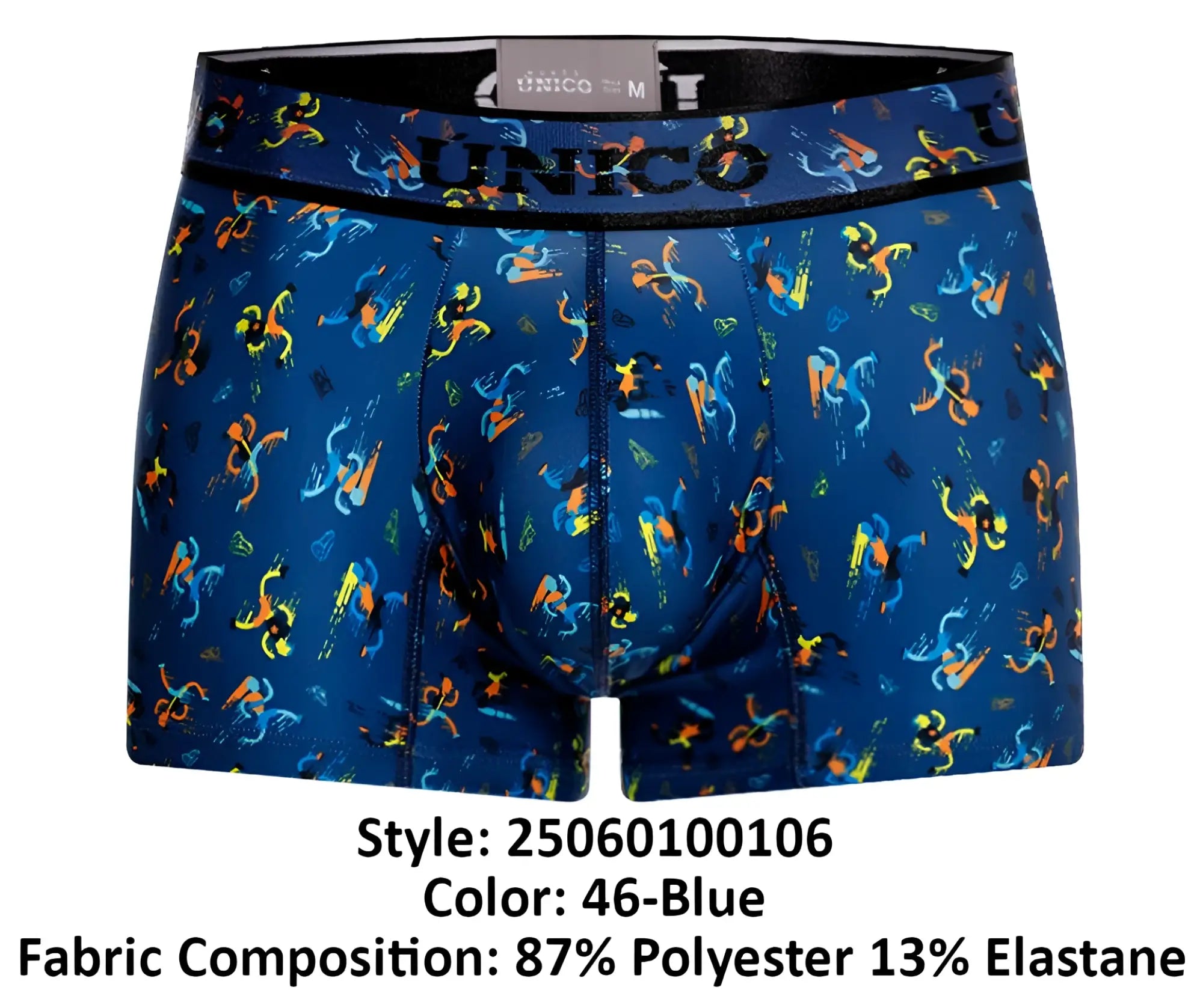Blue unico men’s boxer briefs with vibrant orange and yellow abstract pattern on dark blue background pacer trunks