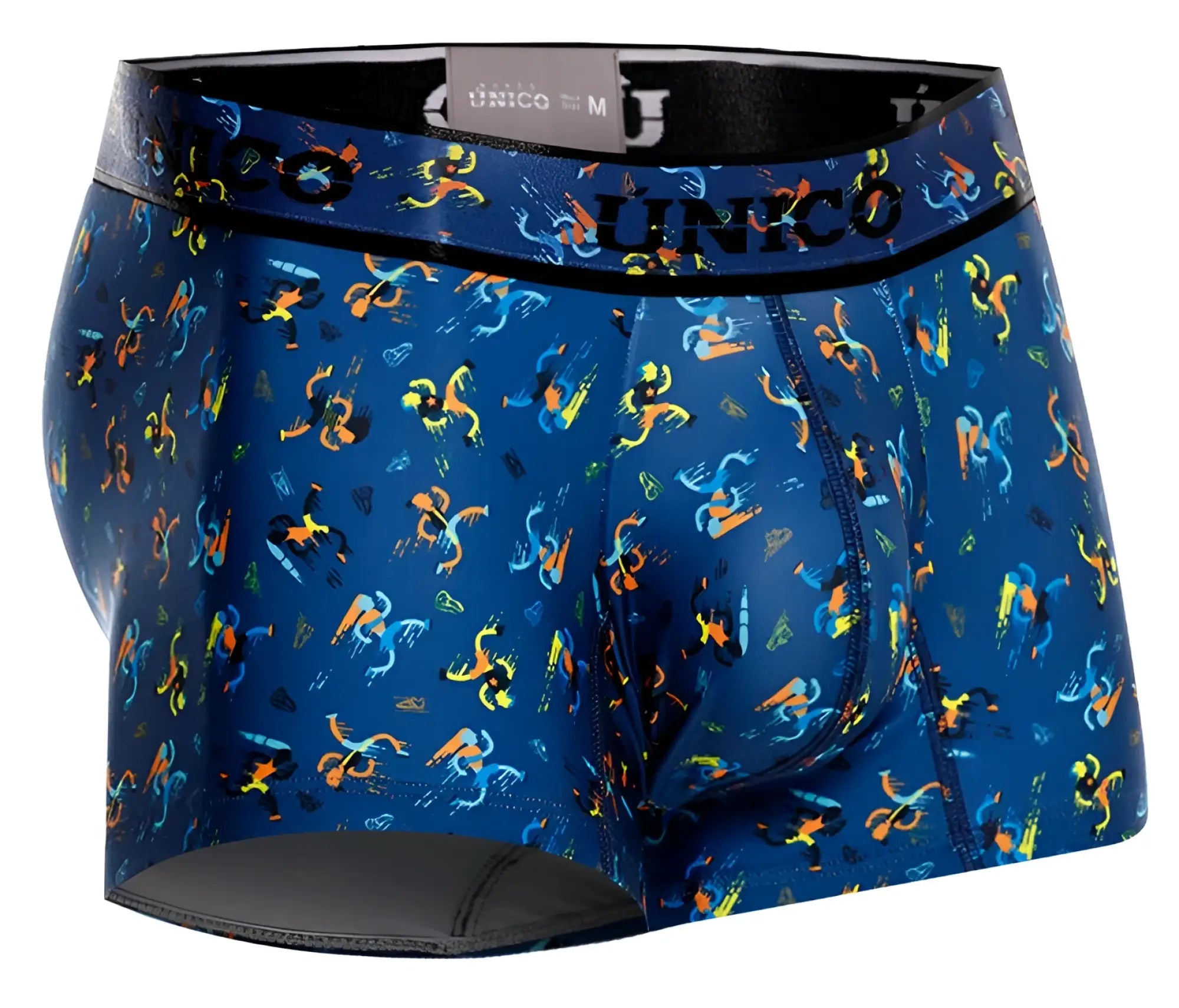 Blue unico 25060100106 pacer trunks men’s boxer briefs with vibrant orange yellow and cyan abstract figures on blue fabric