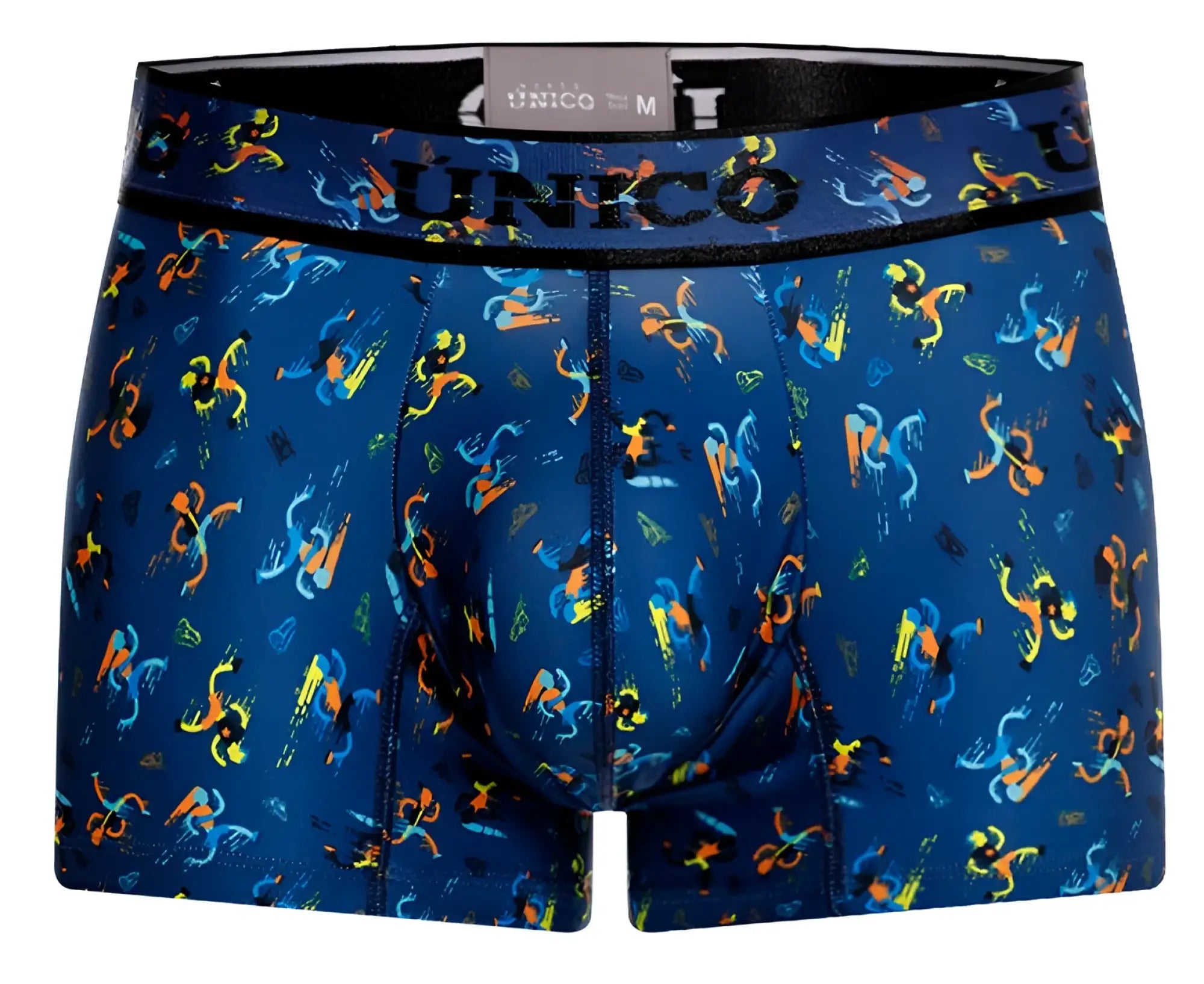 Blue unico men’s boxer briefs with a vibrant orange and yellow abstract pattern from the pacer trunks collection