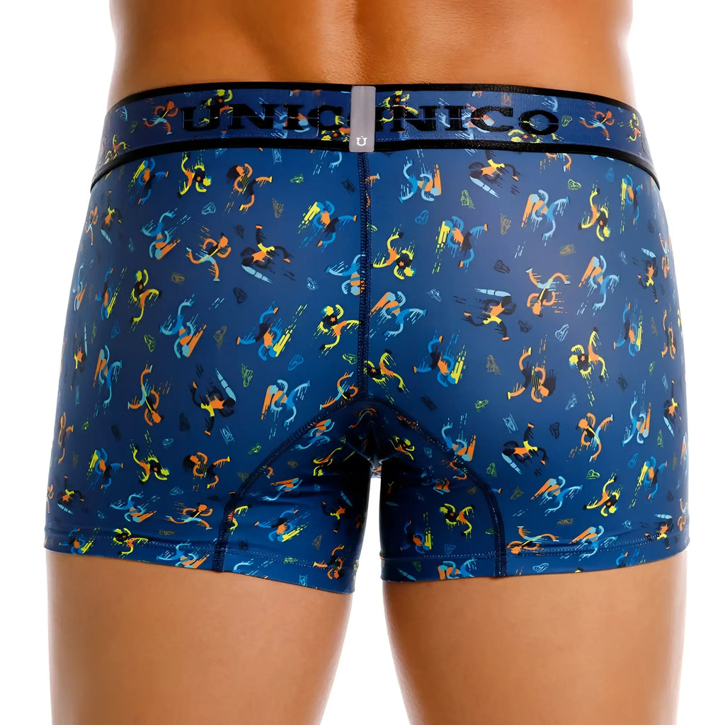 Blue unico boxer briefs from pacer trunks color 46-blue featuring a vibrant abstract pattern with orange yellow and teal figures
