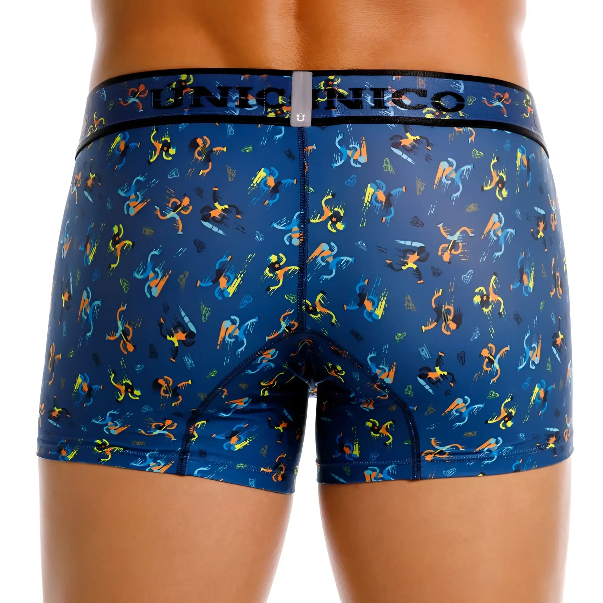 Blue unico boxer briefs from pacer trunks color 46-blue featuring a vibrant abstract pattern with orange yellow and teal figures