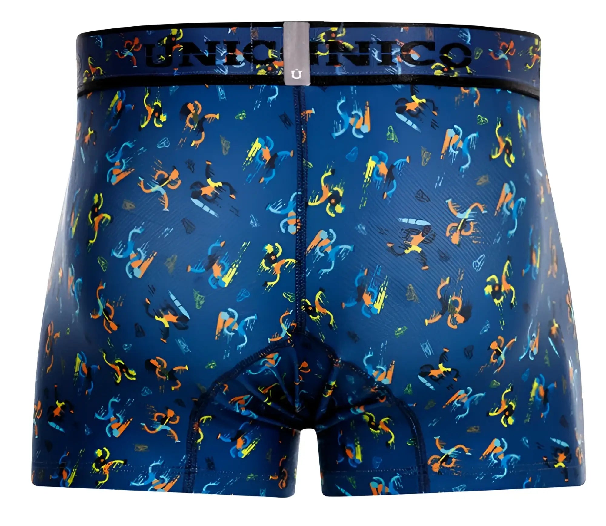 Blue unico 25060100106 pacer trunks boxer briefs with vibrant yellow and orange abstract pattern on dark fabric