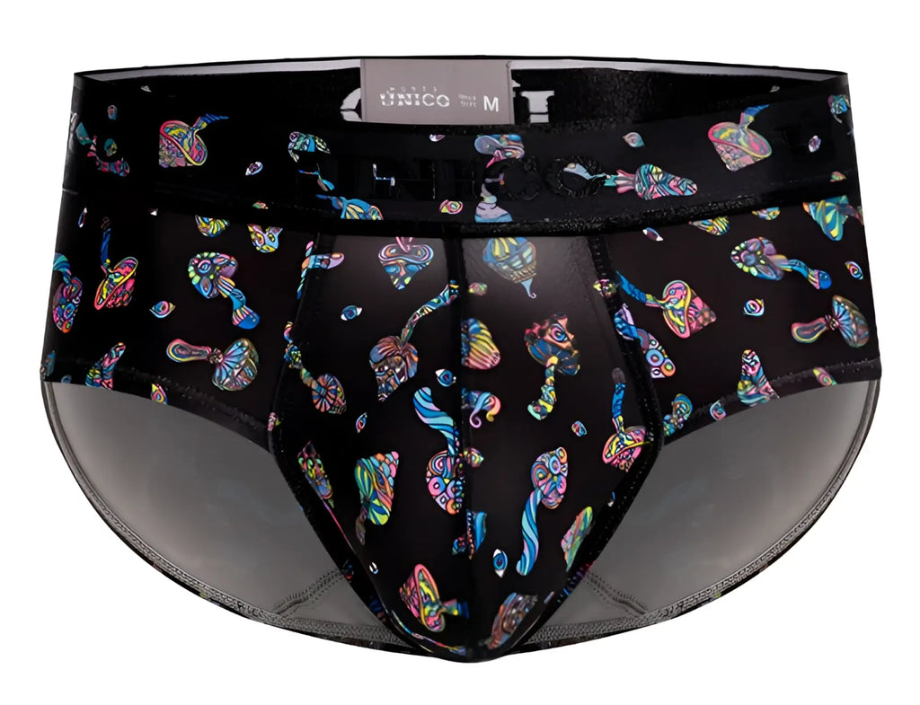 Black unico 25060101103 hongos briefs featuring vibrant iridescent mushroom pattern on black fabric