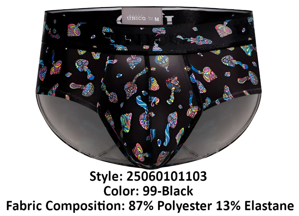 Black unico 25060101103 hongos briefs featuring vibrant iridescent mushroom pattern on black fabric