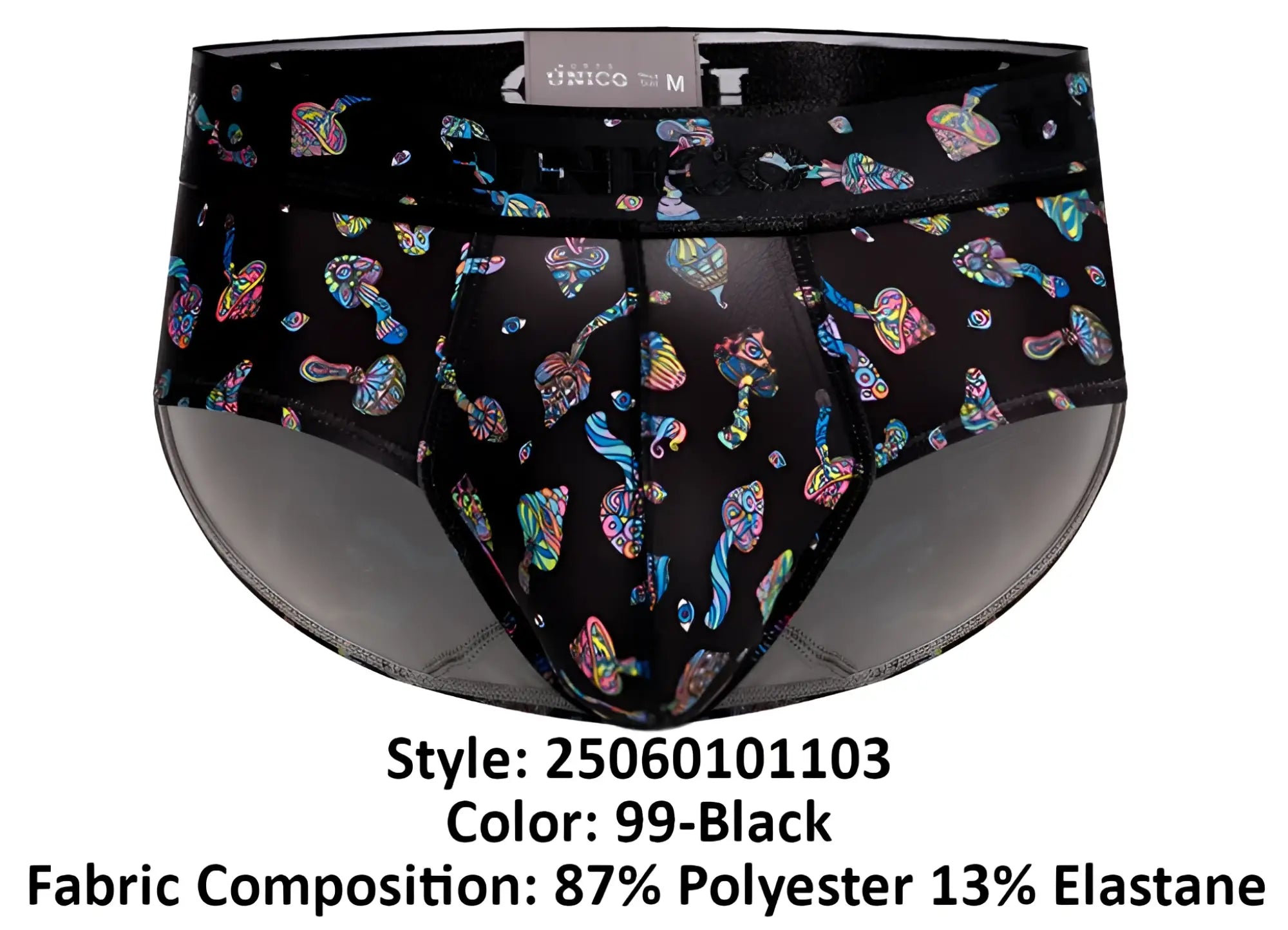 Black unico 25060101103 hongos briefs featuring vibrant iridescent mushroom pattern on black fabric