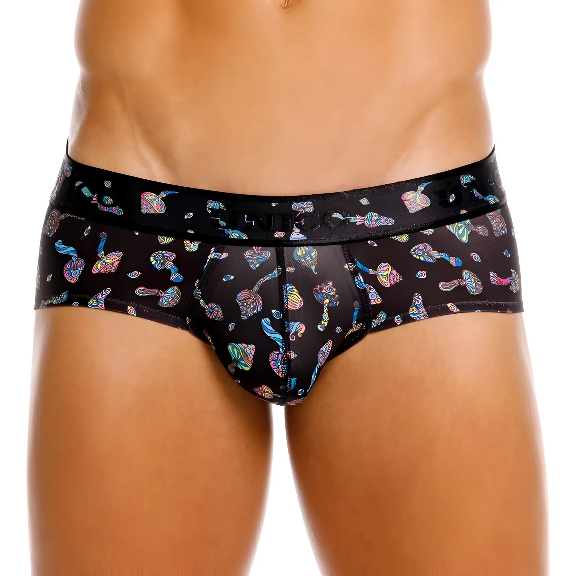 Black men’s briefs with vibrant iridescent rainbow mushroom pattern and the co waistband color 99-black unico 25060101103
