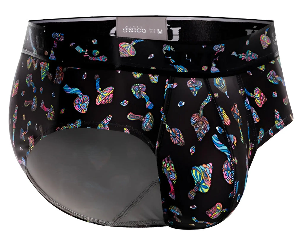 Black unico men’s briefs with vibrant psychedelic rainbow mushroom pattern in color 99 black