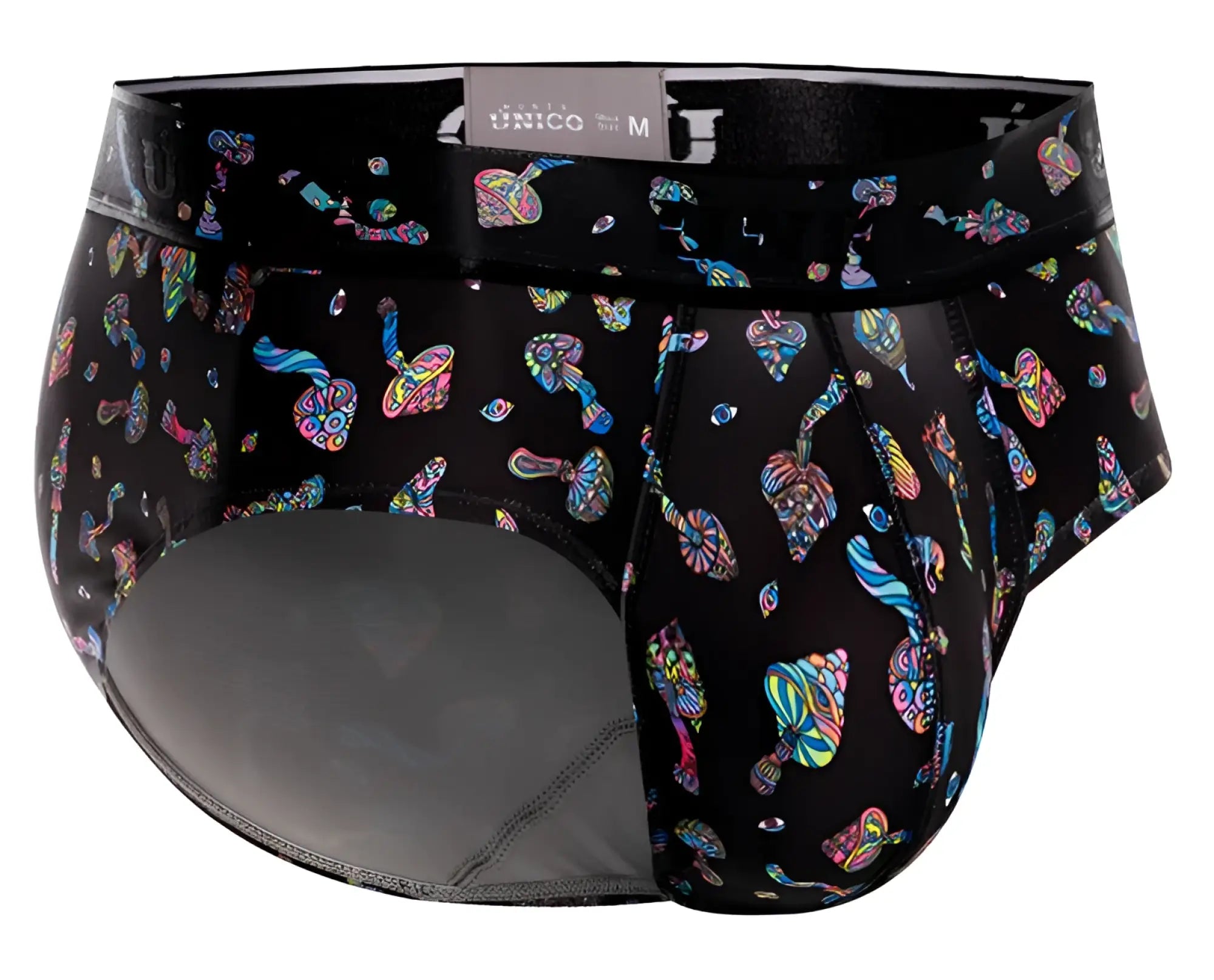 Black unico men’s briefs with vibrant psychedelic rainbow mushroom pattern in color 99 black