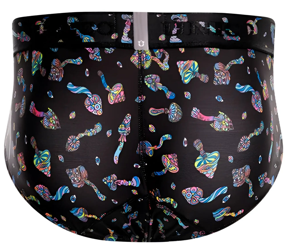 Black men’s Unico 25060101103 Hongos briefs in black with a vibrant psychedelic mushroom pattern in pink blue and green