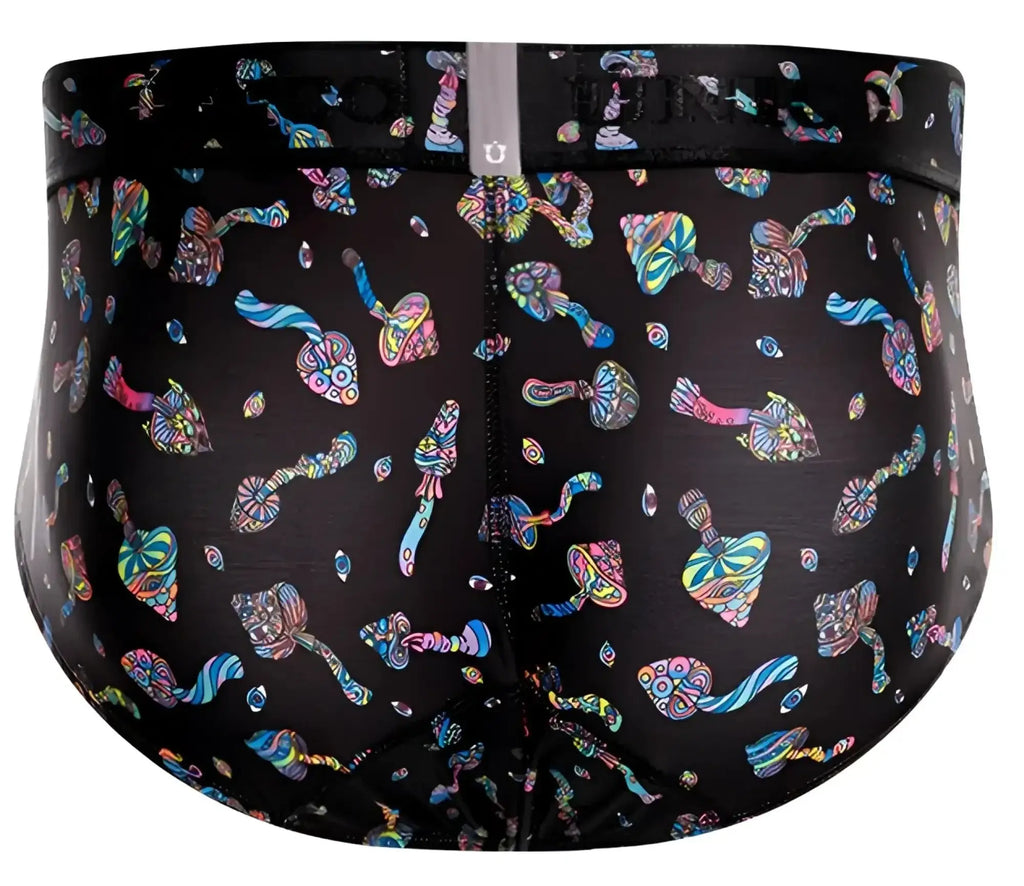 Black men’s Unico 25060101103 Hongos briefs in black with a vibrant psychedelic mushroom pattern in pink blue and green