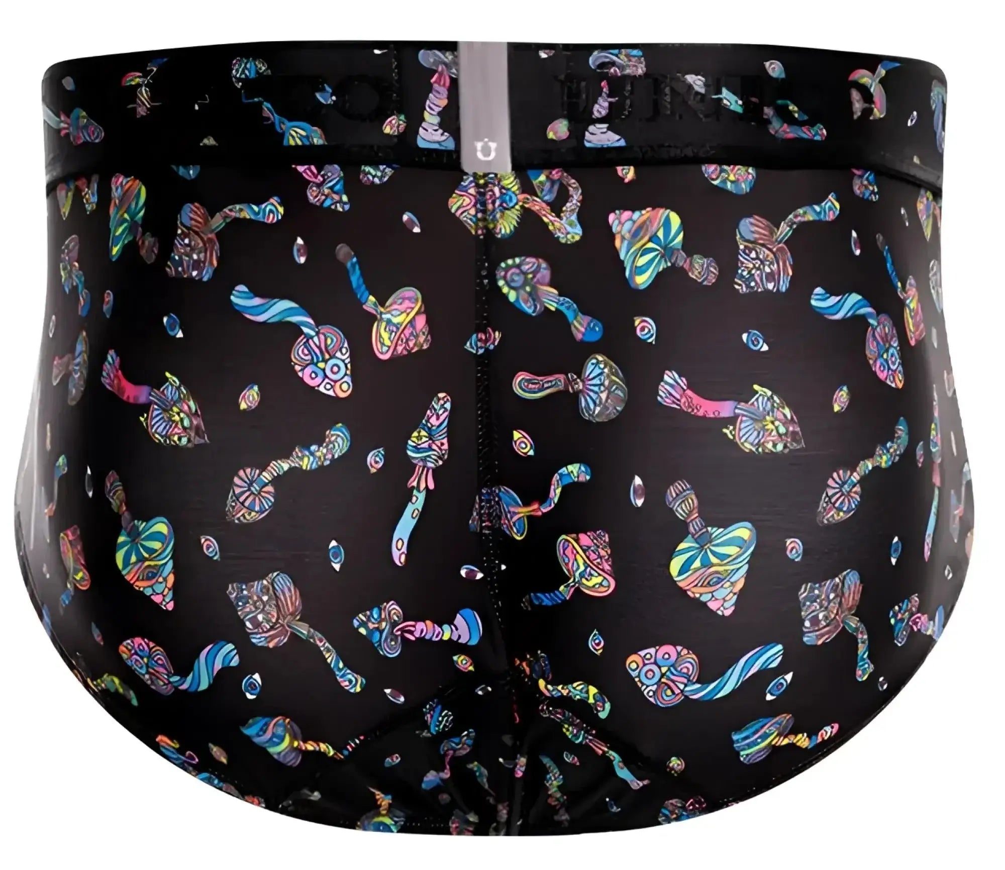 Black men’s Unico 25060101103 Hongos briefs in black with a vibrant psychedelic mushroom pattern in pink blue and green