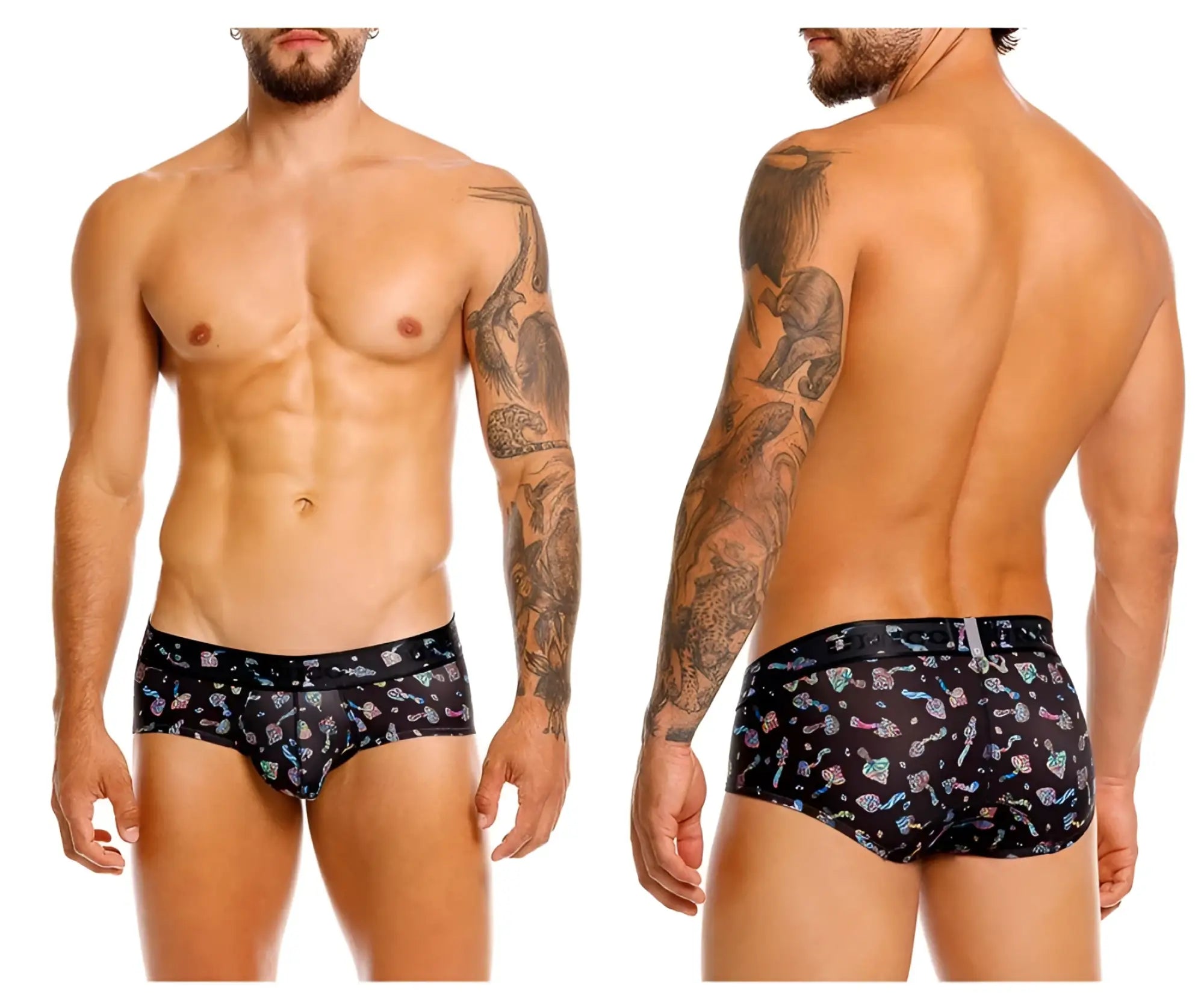 Black unicó hongos briefs with colorful whimsical sea creature pattern in playful design