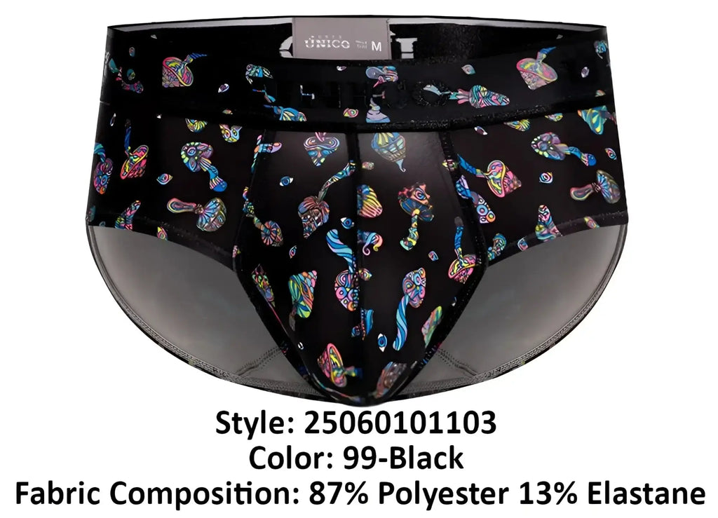 Black unico 25060101103 hongos briefs featuring vibrant iridescent mushroom pattern on black fabric