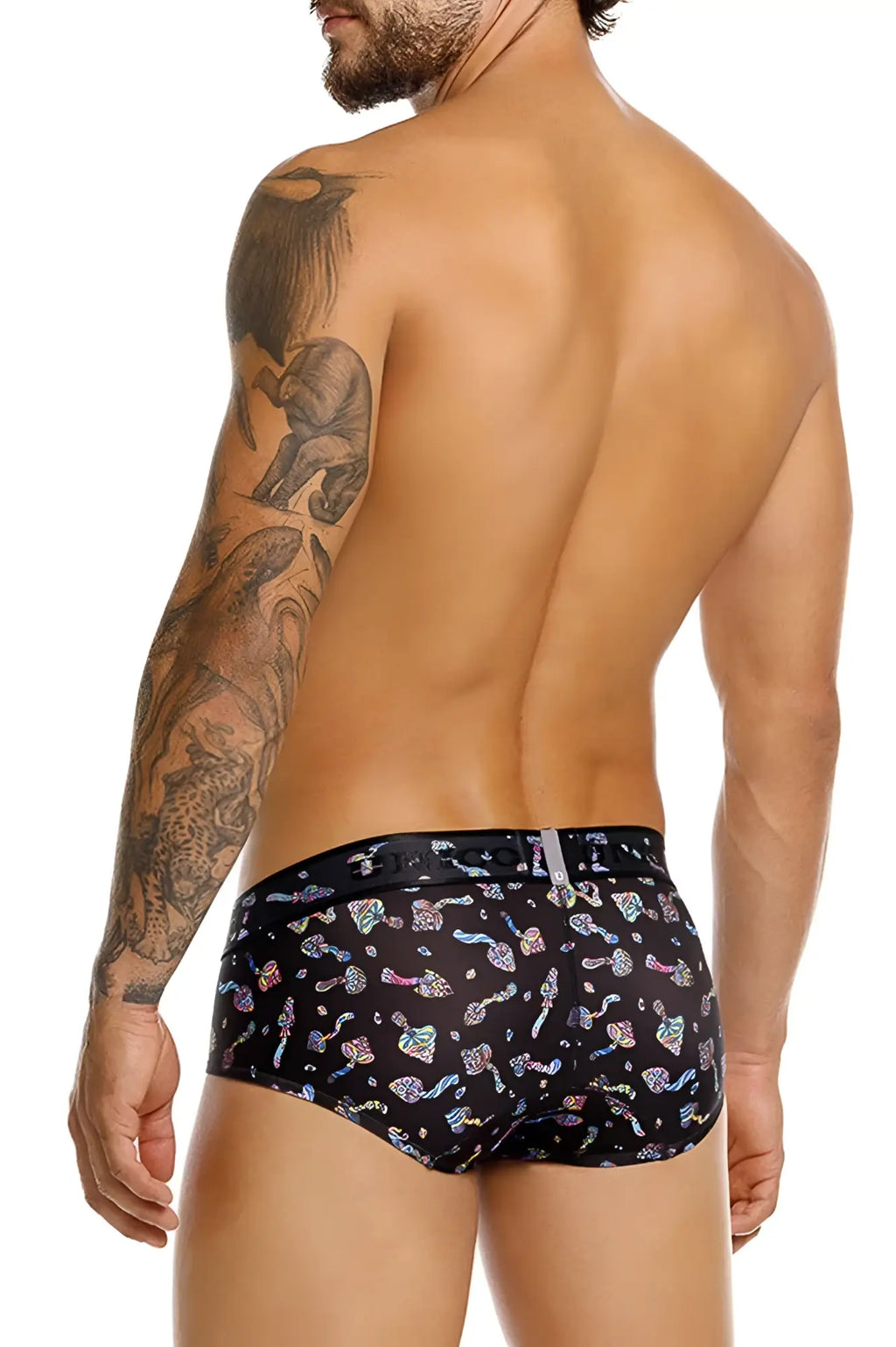 Black briefs unico 25060101103 with vibrant iridescent colorful mushroom and abstract pattern in black color