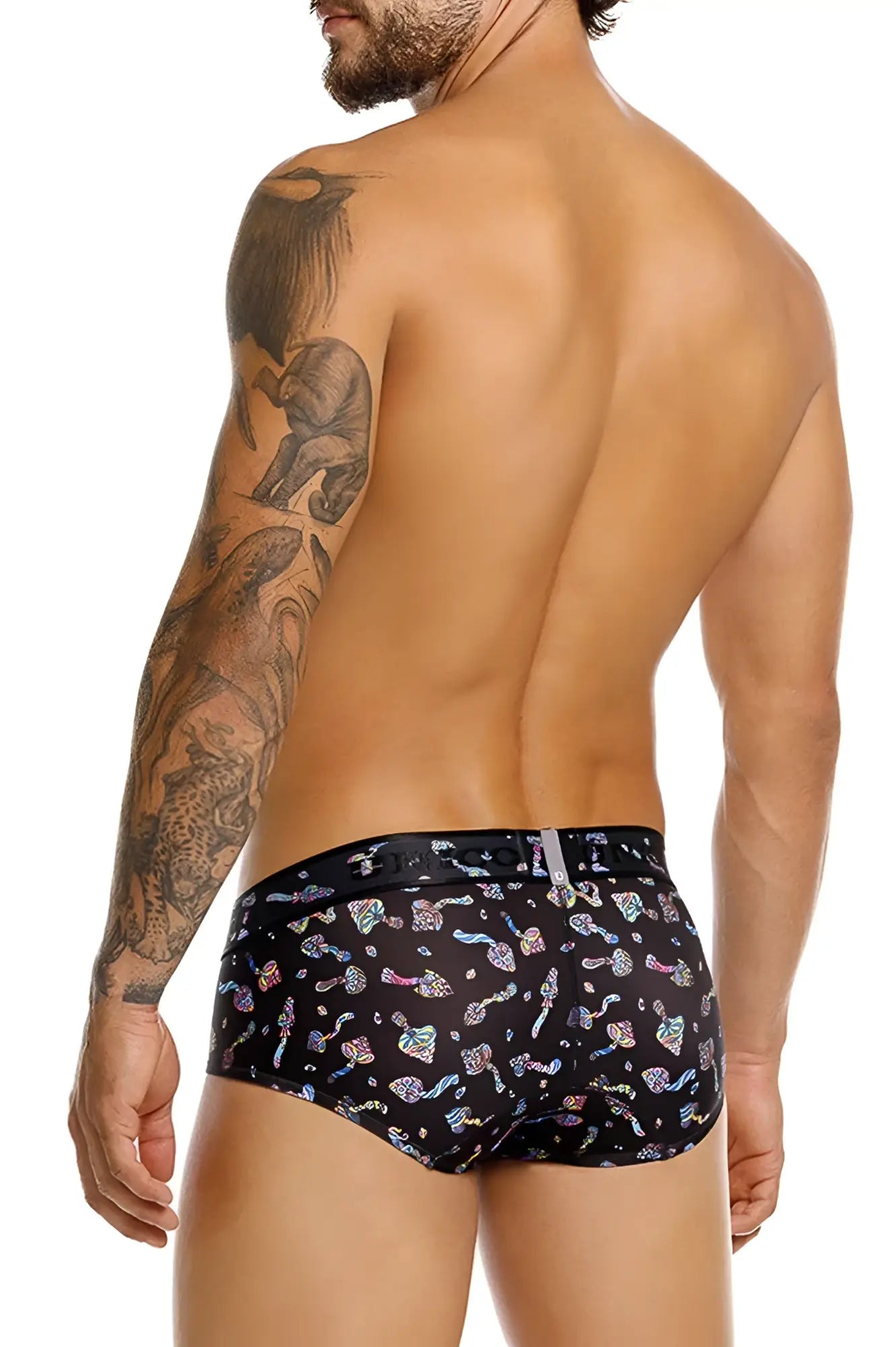 Black briefs unico 25060101103 with vibrant iridescent colorful mushroom and abstract pattern in black color