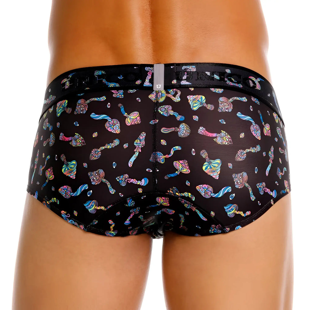 Black briefs unico 25060101103 featuring a vibrant psychedelic mushroom pattern in rainbow hues color 99 black
