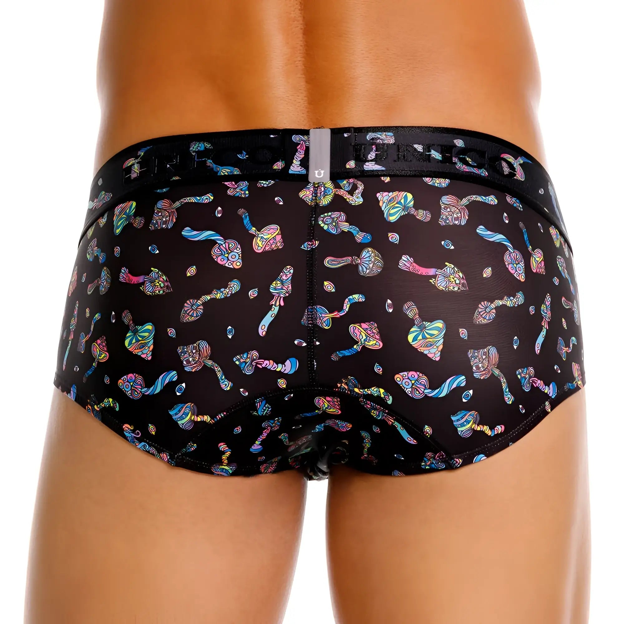 Black briefs unico 25060101103 featuring a vibrant psychedelic mushroom pattern in rainbow hues color 99 black
