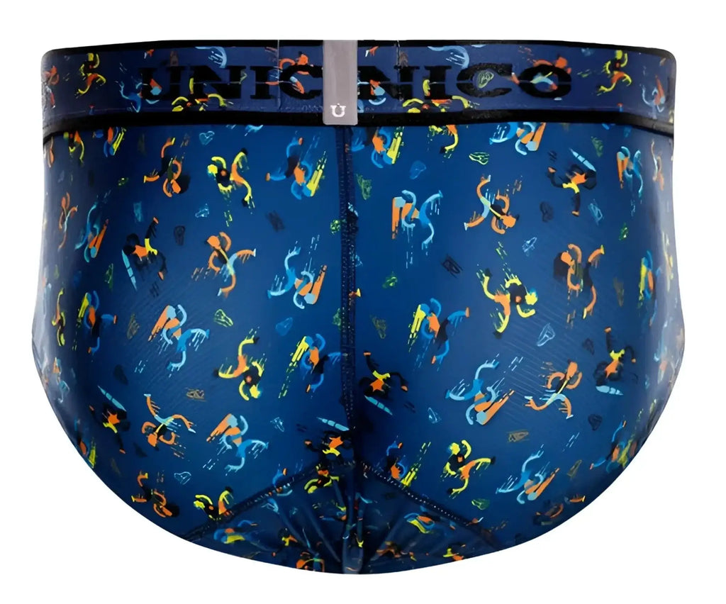 Blue unico 25060101106 pacer men’s briefs with vibrant abstract pattern featuring orange yellow and light blue figures