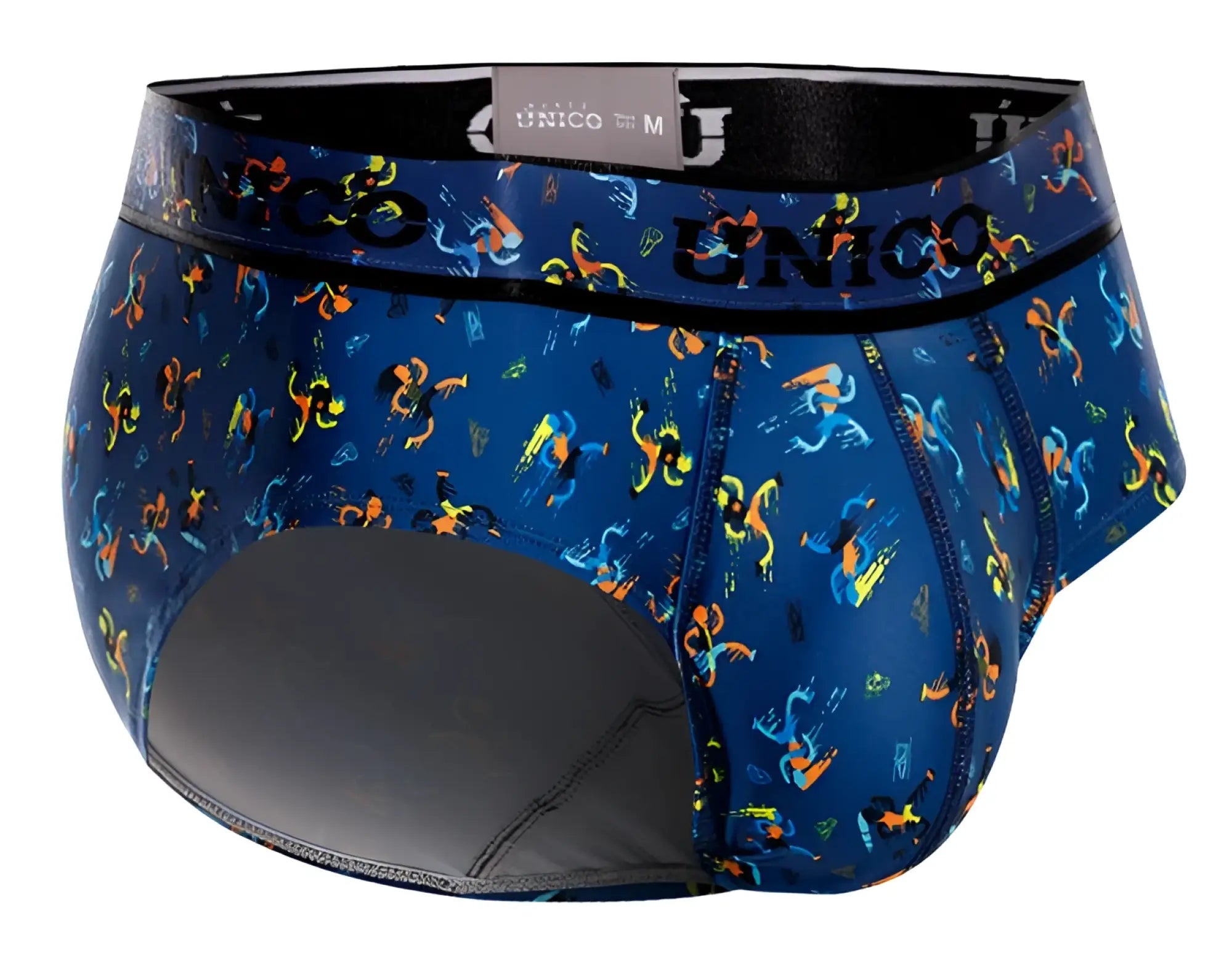 Blue unico men’s briefs with vibrant abstract pattern and black elastic waistband model unico 25060101106 pacer briefs