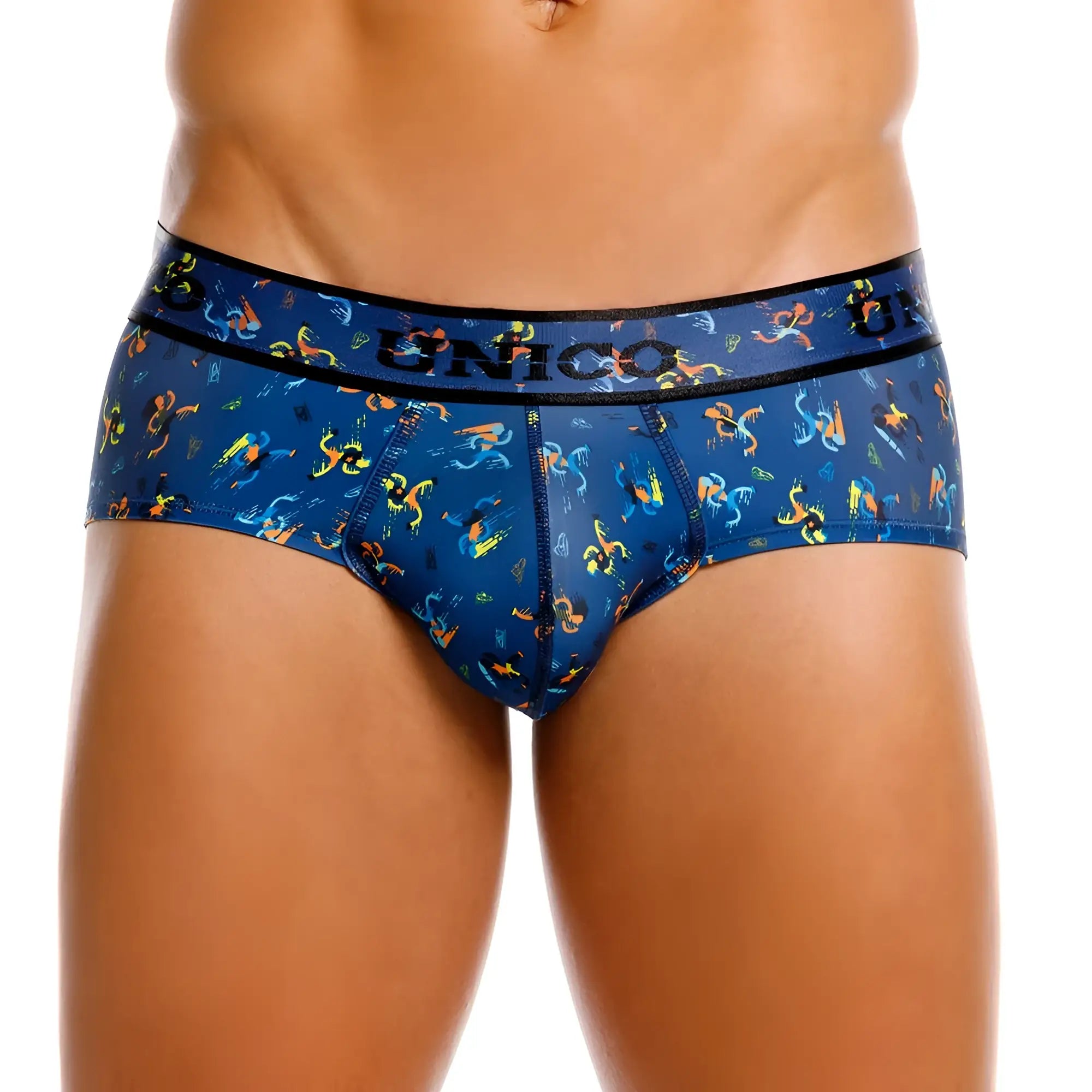 Blue unico men’s briefs with a vibrant colorful abstract pattern in pacer briefs color 46 blue design
