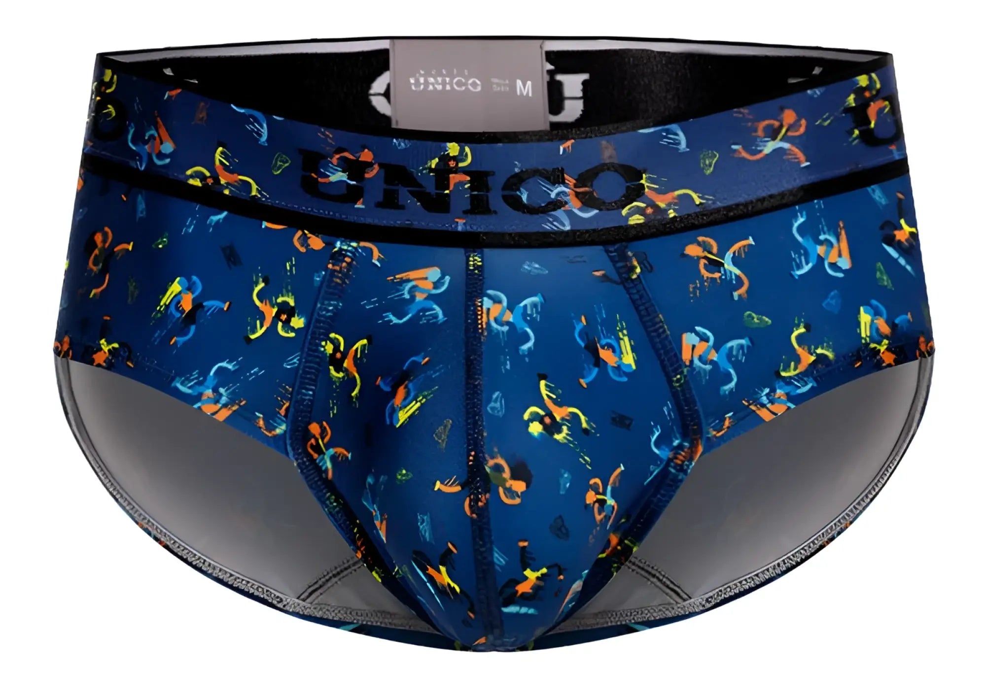 Blue unico men’s briefs with multicolored abstract pattern and black trim modelo unico 25060101106 pacer briefs color 46-blue