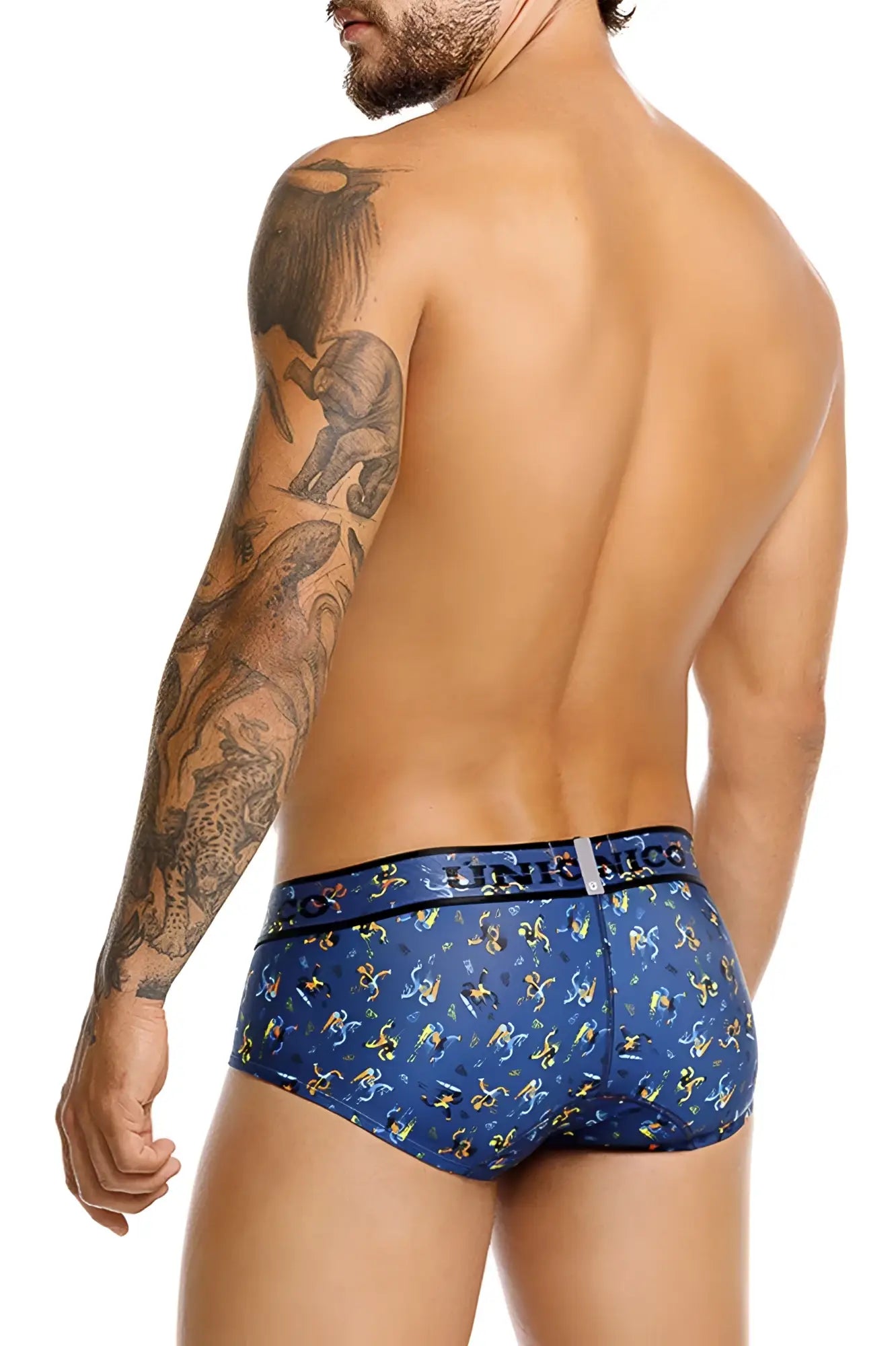Blue patterned men’s briefs with yellow and white abstract shapes and linth nico waistband in unico pacer briefs color 46-blue