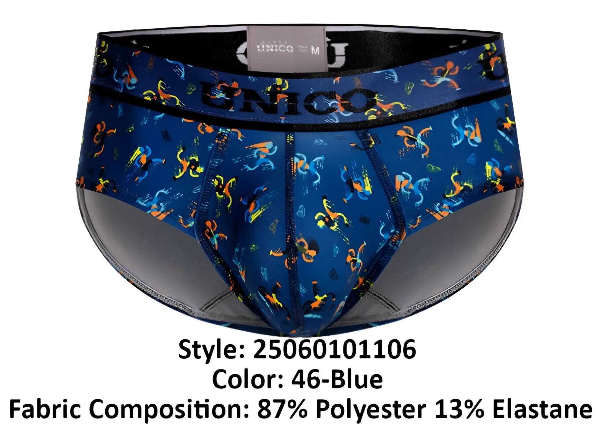 Unico 25060101106 pacer briefs in blue with vibrant colorful stylized figures on breathable fabric
