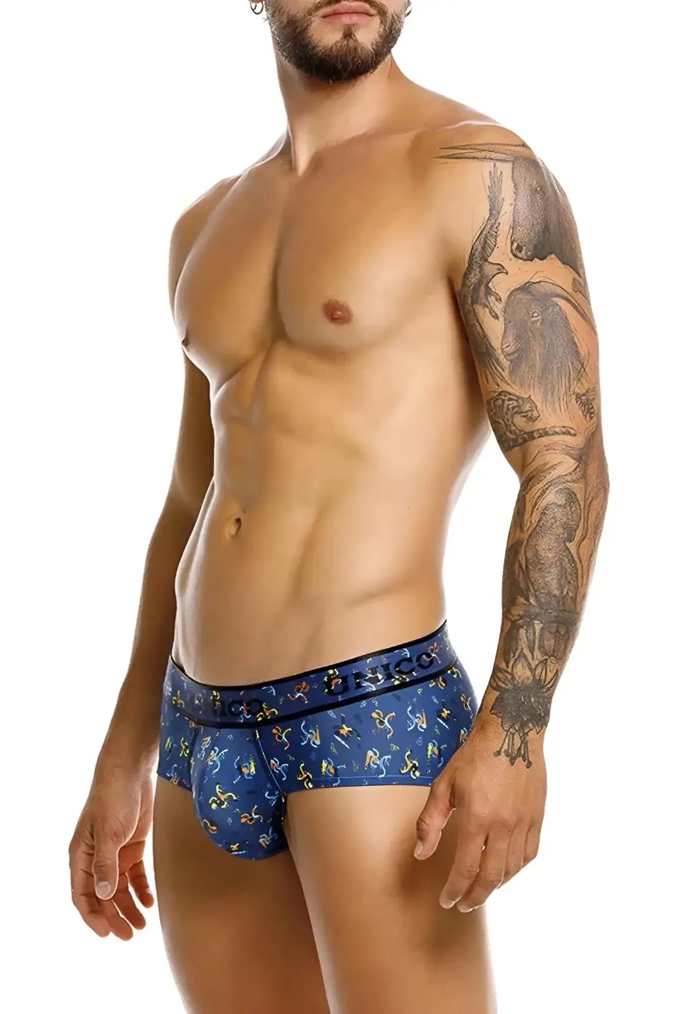 Blue men’s briefs unico 25060101106 pacer briefs with playful yellow and white cartoon pattern and bingo waistband
