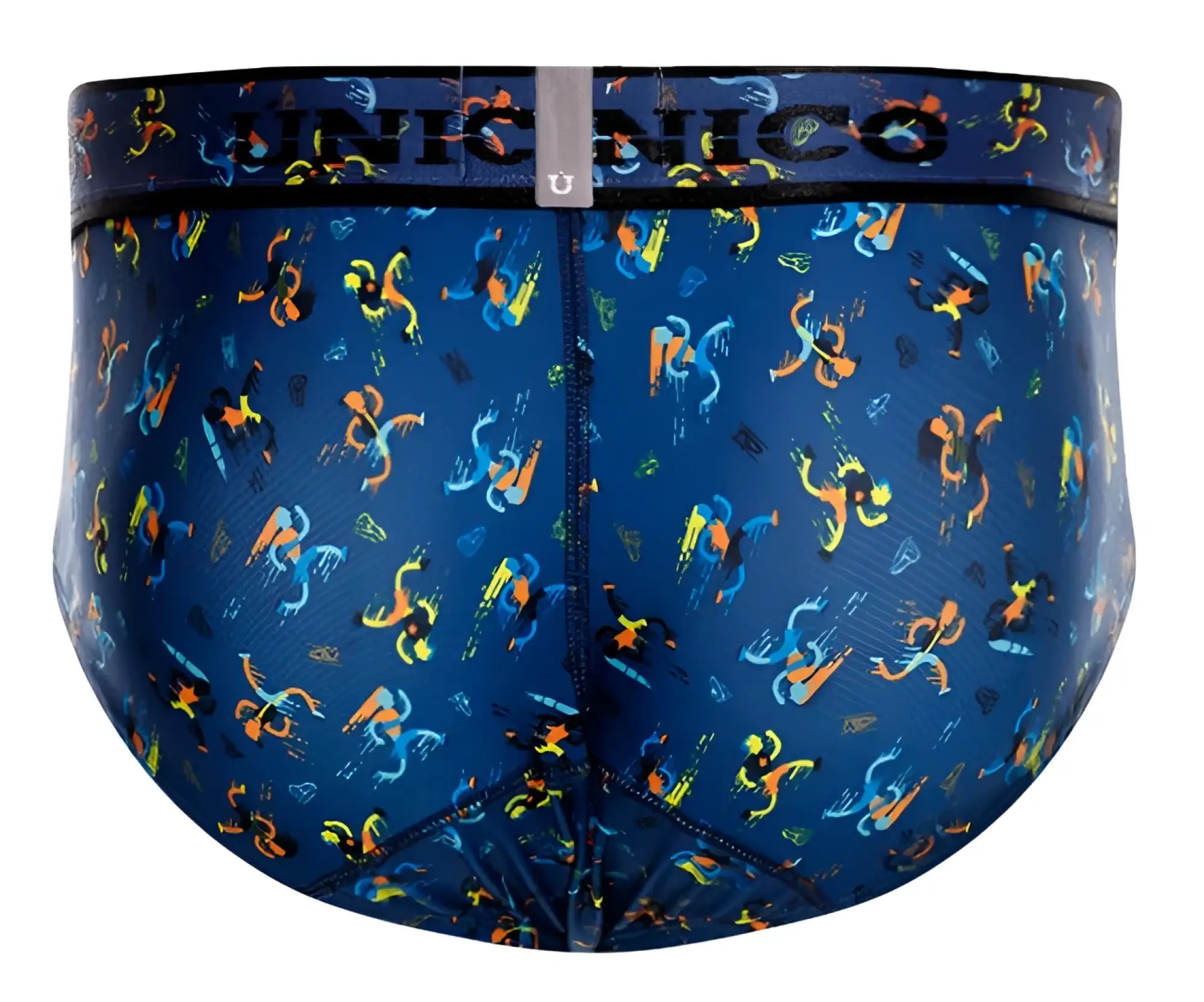 Blue unico 25060101106 pacer men’s briefs with vibrant abstract pattern featuring orange yellow and light blue figures