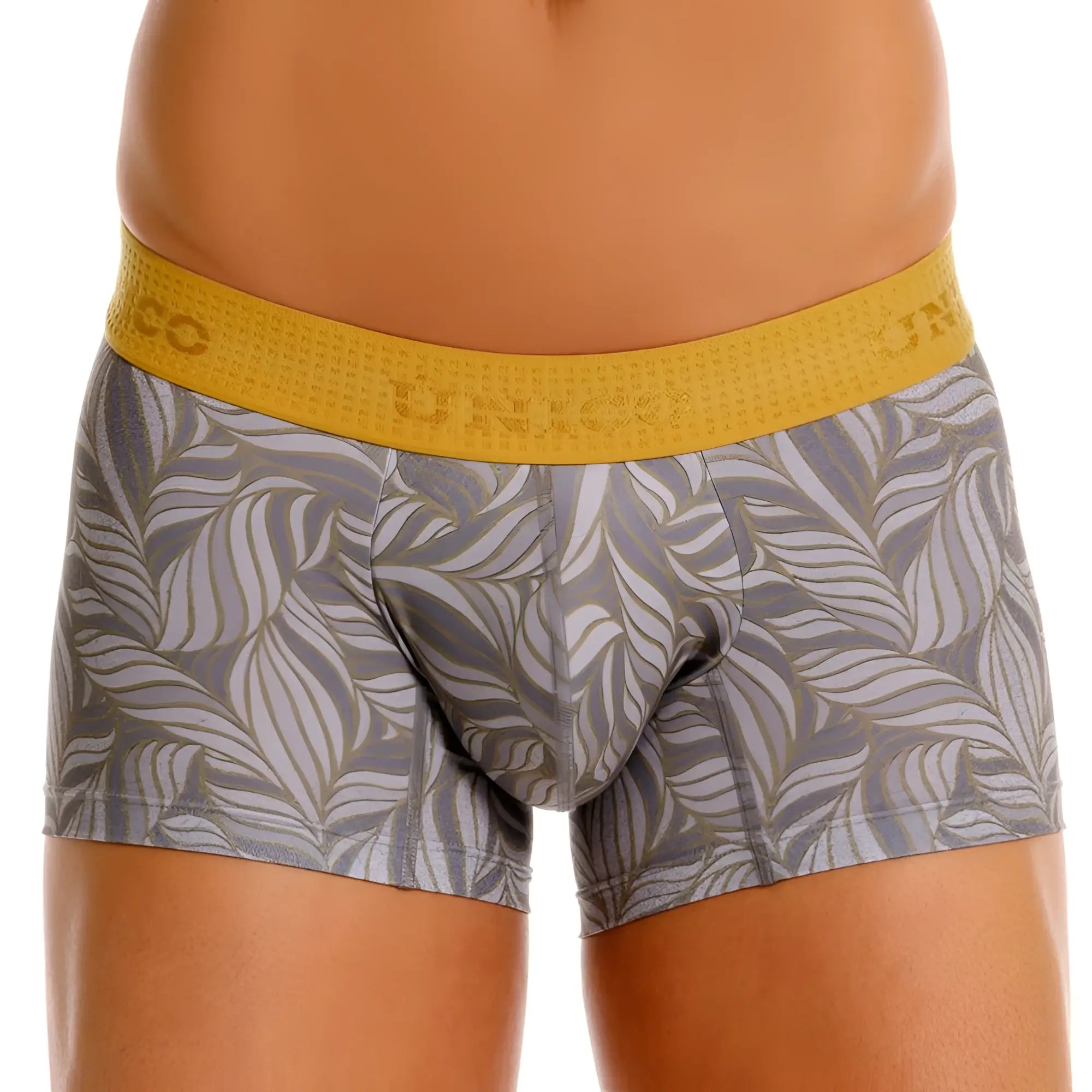 Gray boxer briefs with leaf pattern and yellow elastic waistband from unico 25070100104 caudal trunks color 59-gray