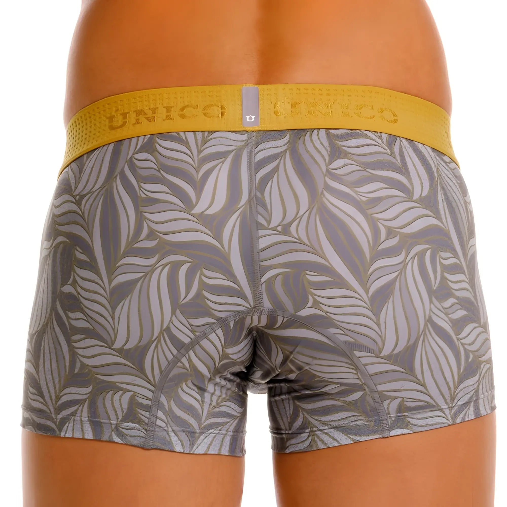 Gray and gold leaf-patterned unico boxer briefs with yellow elastic waistband in color 59-gray and model 25070100104
