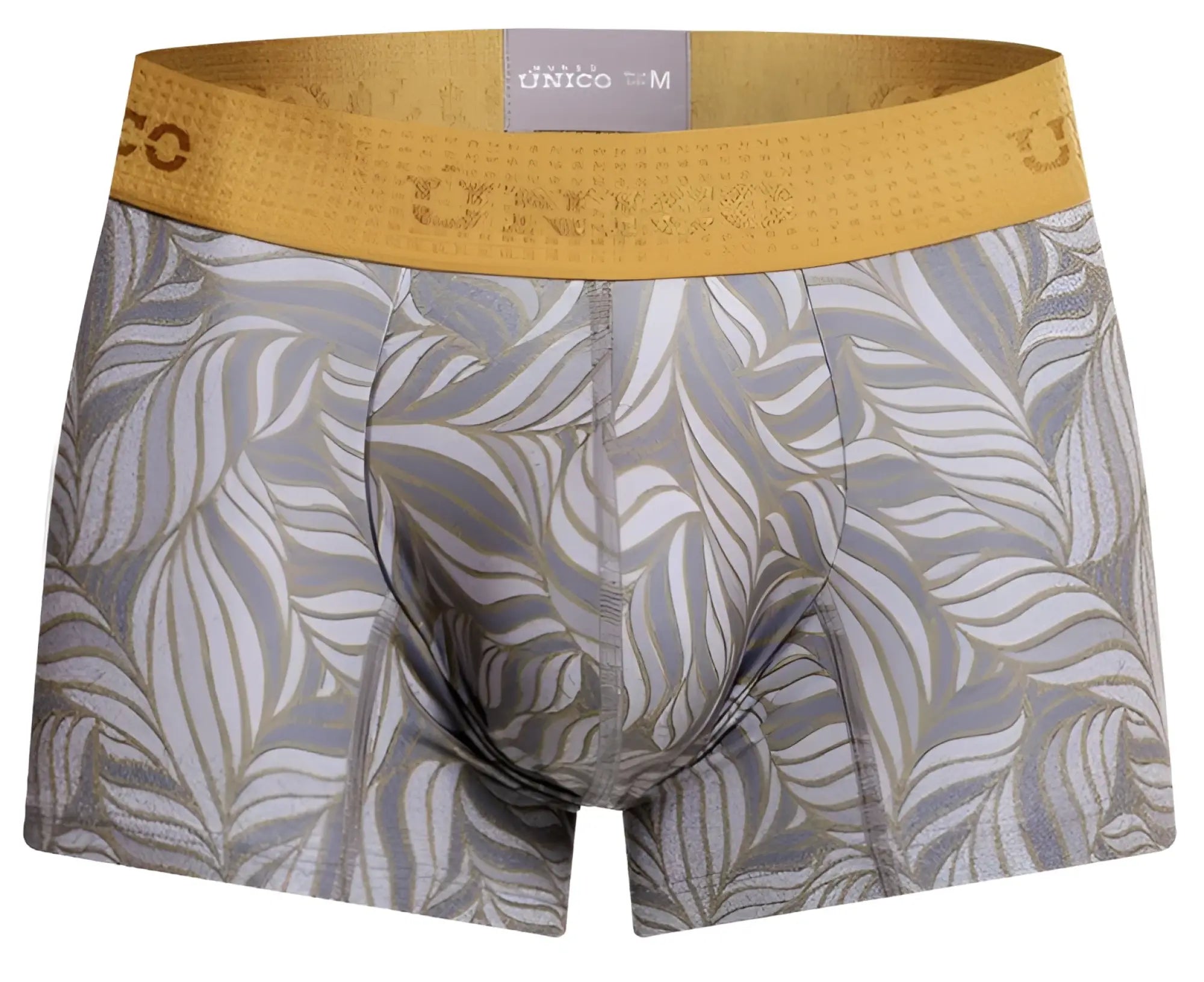 Gray and gold leaf-patterned unico men’s boxer briefs with yellow elastic waistband in color 59-gray caudal trunks