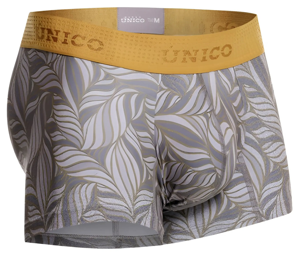 Unico 25070100104 Caudal trunks gray men’s boxer briefs with gold leaf pattern and textured yellow waistband