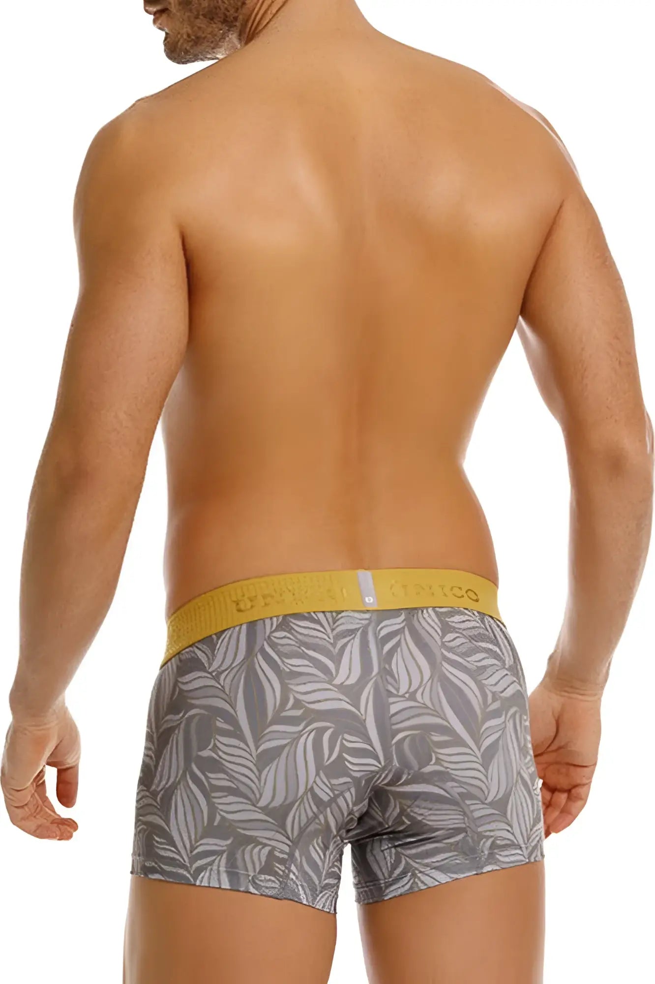 Gray leaf-patterned Unico caudal trunks boxer briefs with a yellow waistband for comfortable everyday wear
