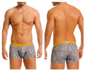 Gray men’s boxer briefs with white leaf pattern and yellow elastic waistband featuring unico brand name caudal trunks