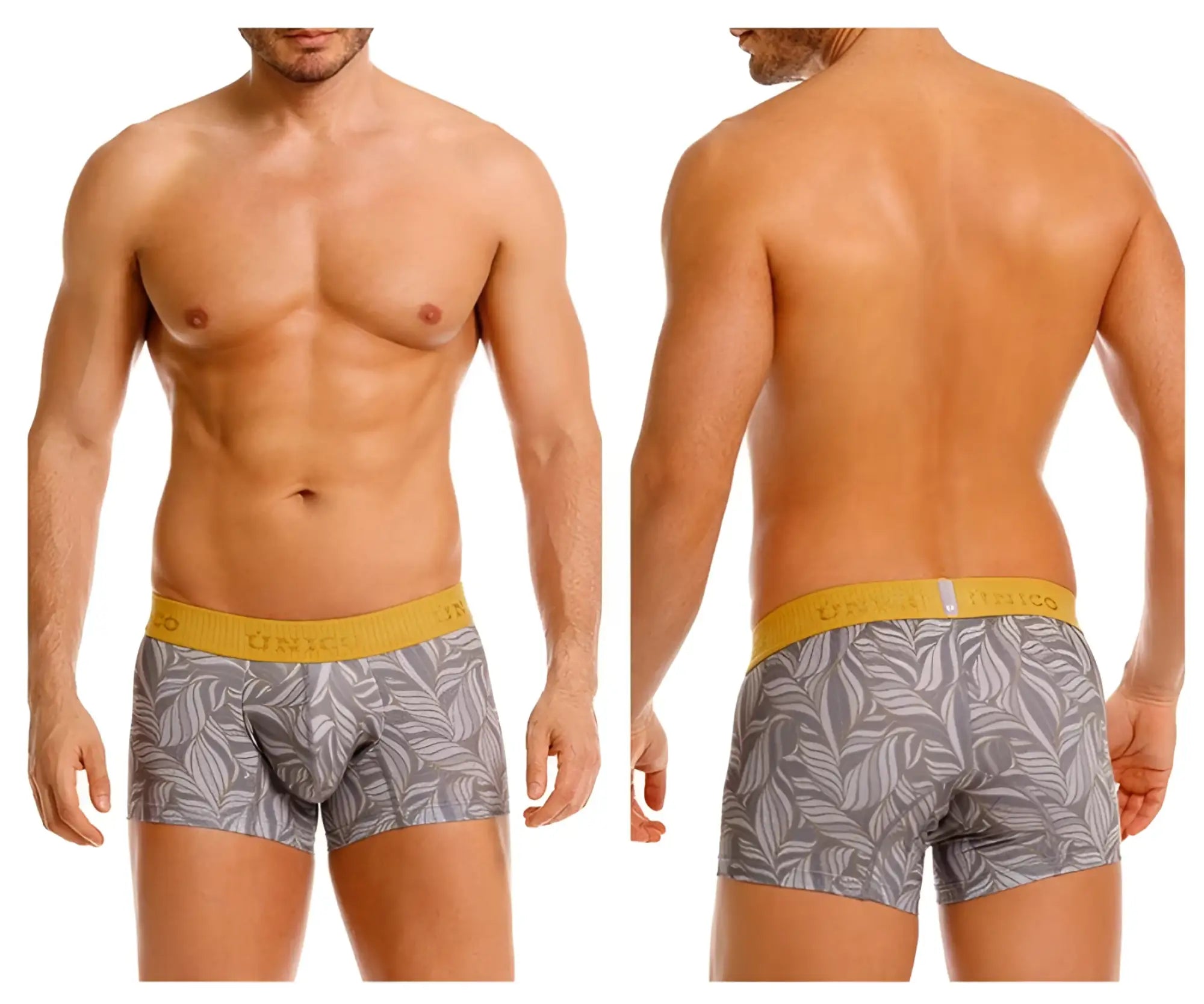 Gray men’s boxer briefs with white leaf pattern and yellow elastic waistband featuring unico brand name caudal trunks