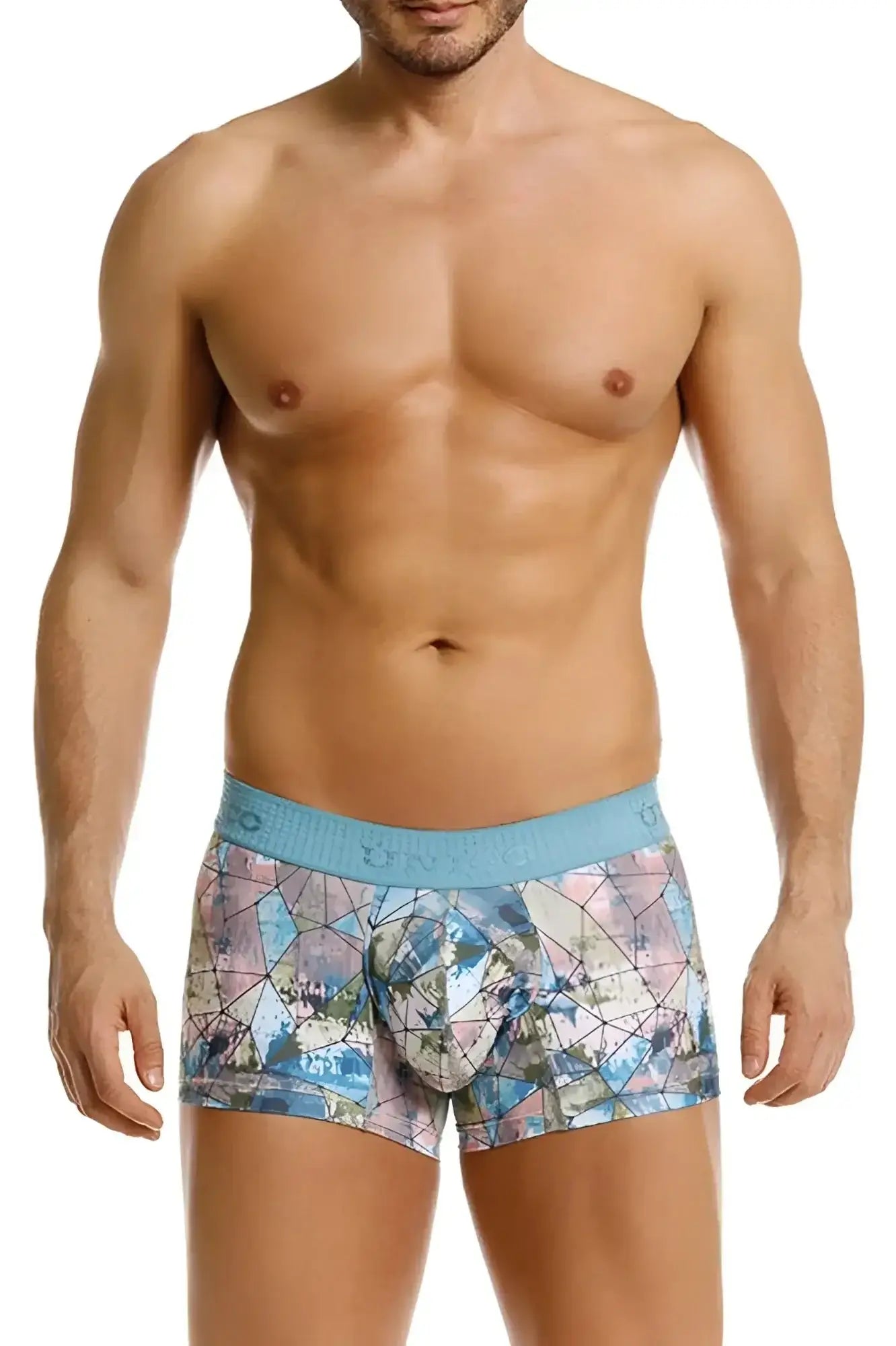 Unico 25070100105 vitral trunks color 46 with blue and pink geometric patterned boxer briefs and light blue waistband