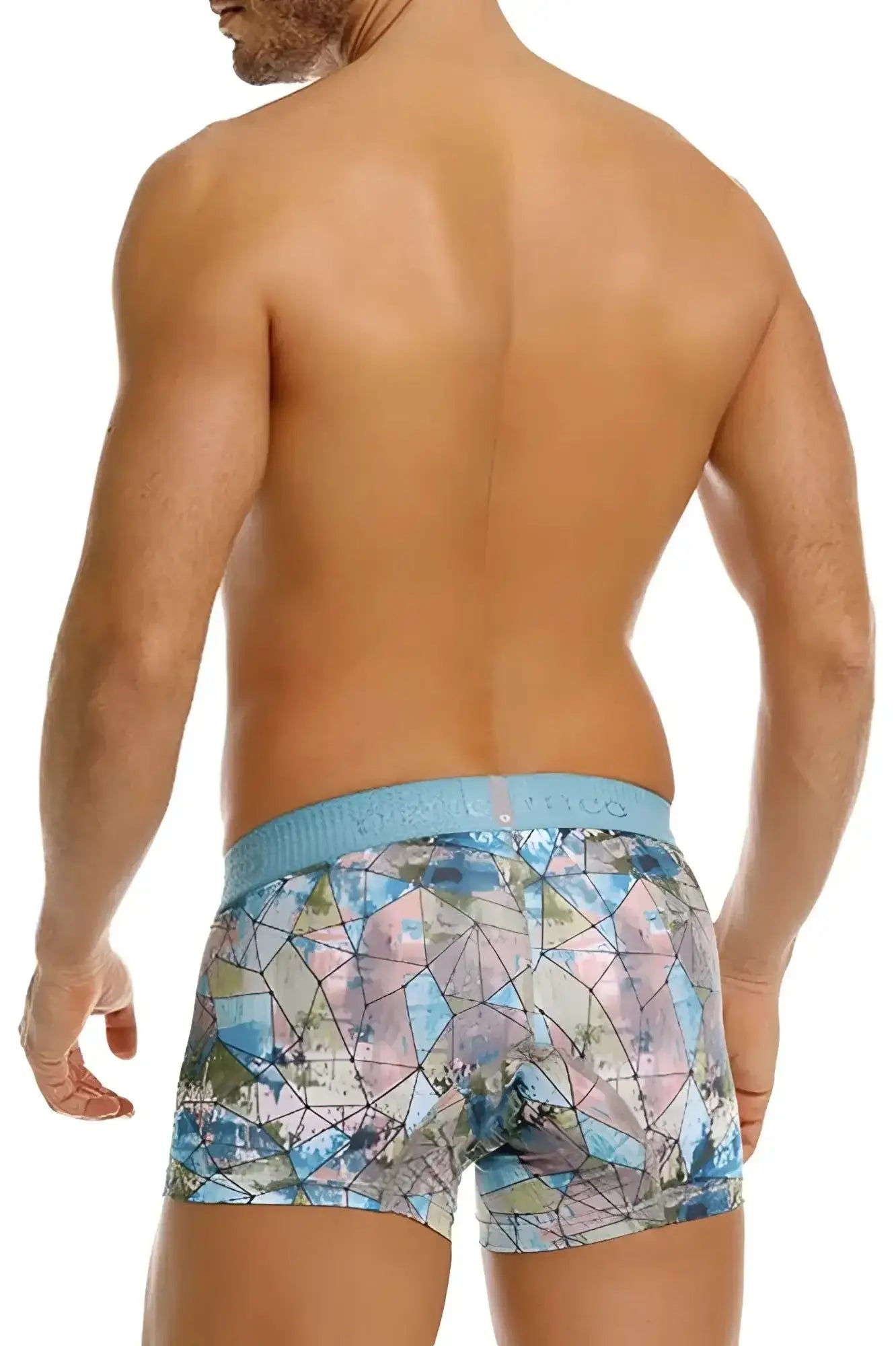 Blue and pink geometric men’s boxer briefs with light blue waistband from unico vitral trunks color 46 printed