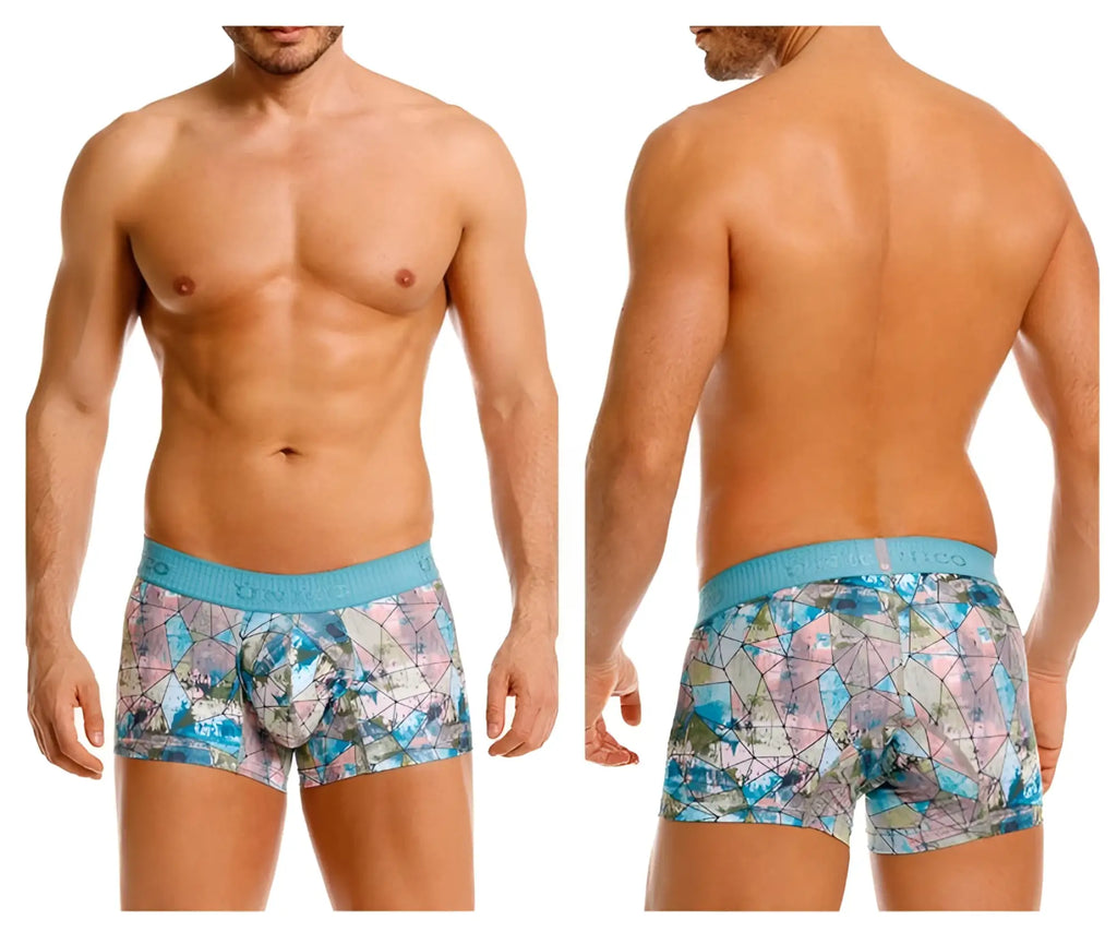 Unico 25070100105 vitral trunks color 46 printed men’s boxer briefs with blue and pink geometric pattern and light blue waistband