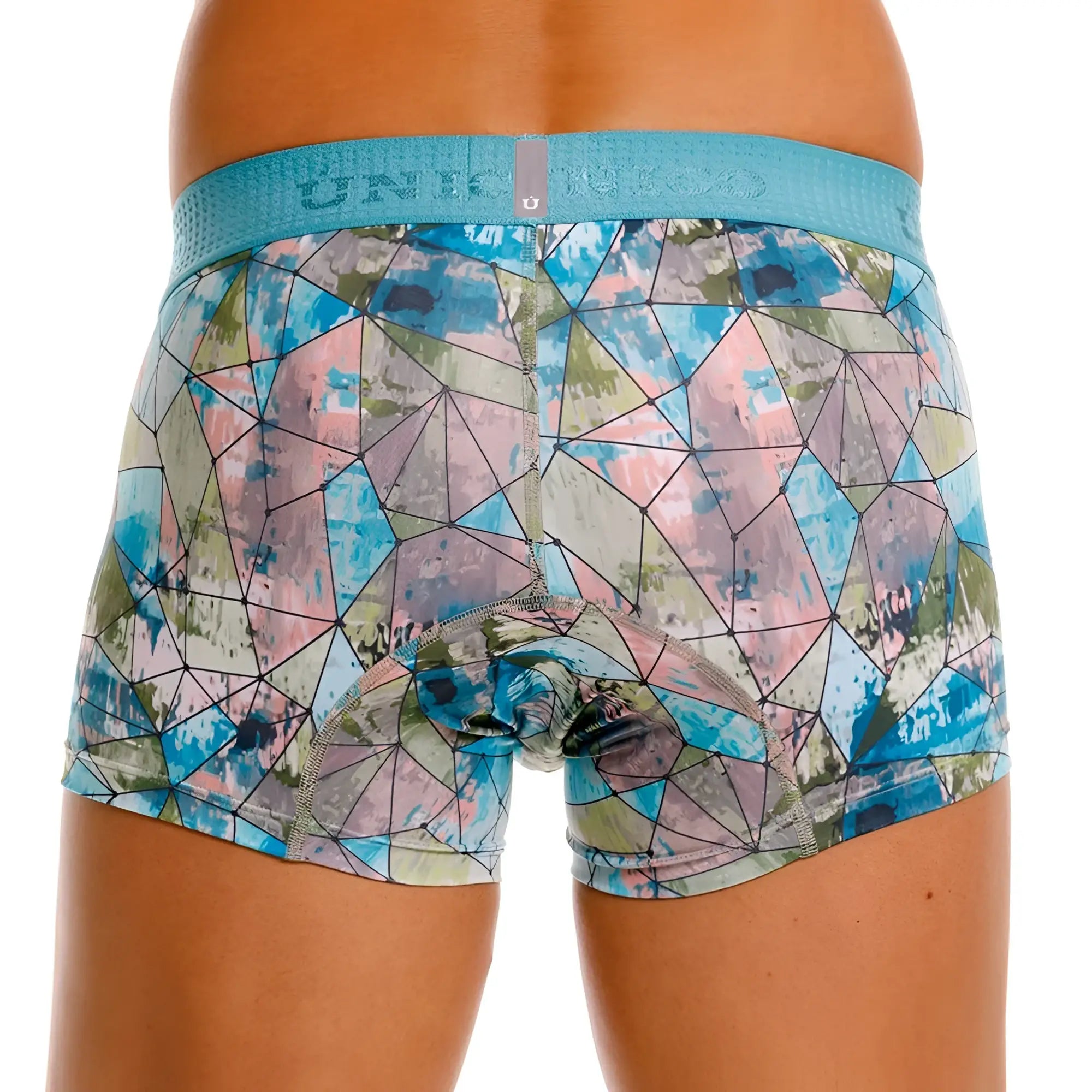 Unico 25070100105 Vitral trunks printed blue and pink geometric patterned boxer briefs with textured elastic waistband