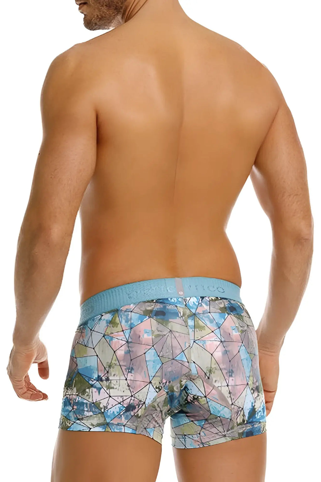 Blue and pink geometric men’s boxer briefs with light blue waistband from unico vitral trunks color 46 printed