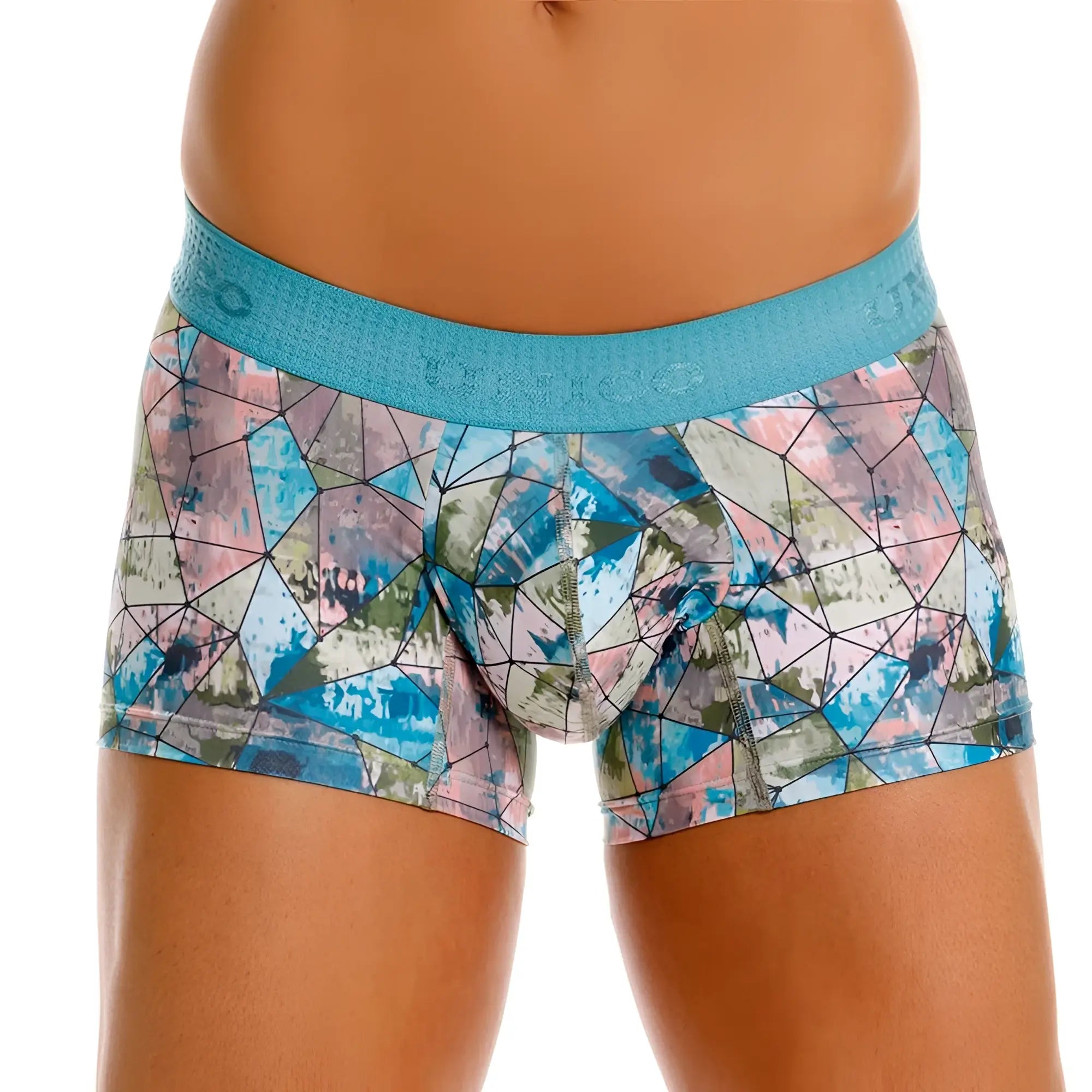 Unico 25070100105 vitral trunks color 46 printed blue and pink geometric-patterned boxer briefs with turquoise waistband