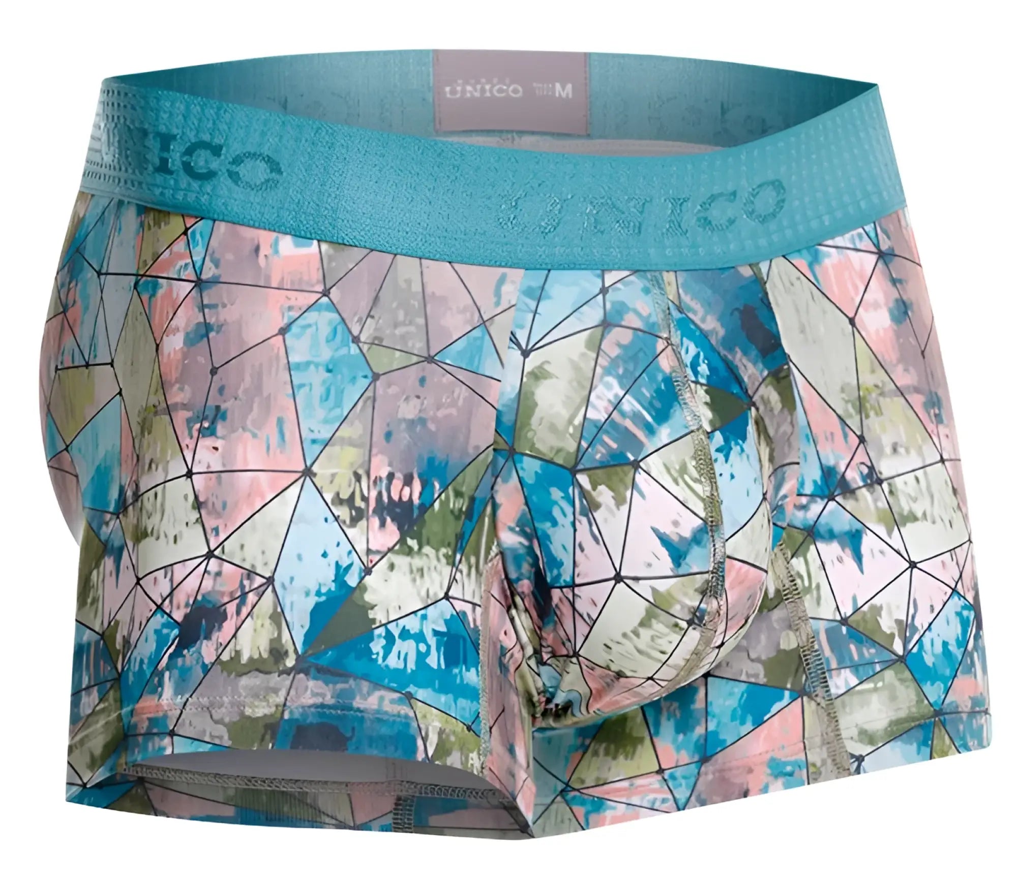 Unico 25070100105 vitral trunks men’s boxer briefs with geometric blue pink green pattern and stretchy teal waistband
