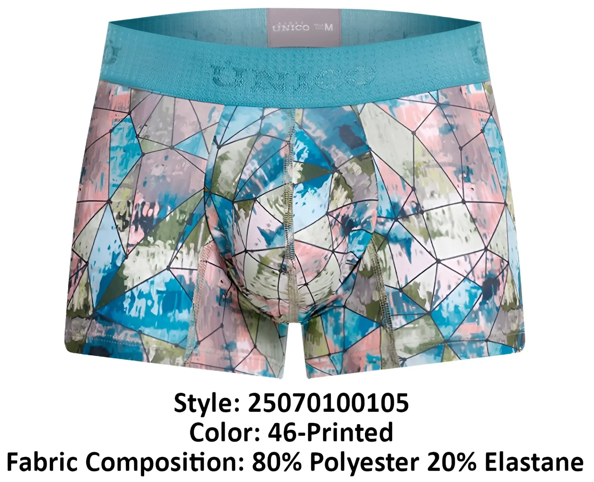 Unico 25070100105 vitral trunks men’s boxer briefs with vibrant blue pink beige geometric print and teal elastic waistband