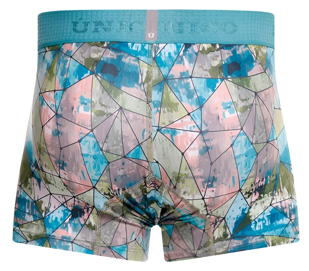 Teal and multicolored geometric-patterned men’s Unico 25070100105 Vitral trunks with a textured waistband