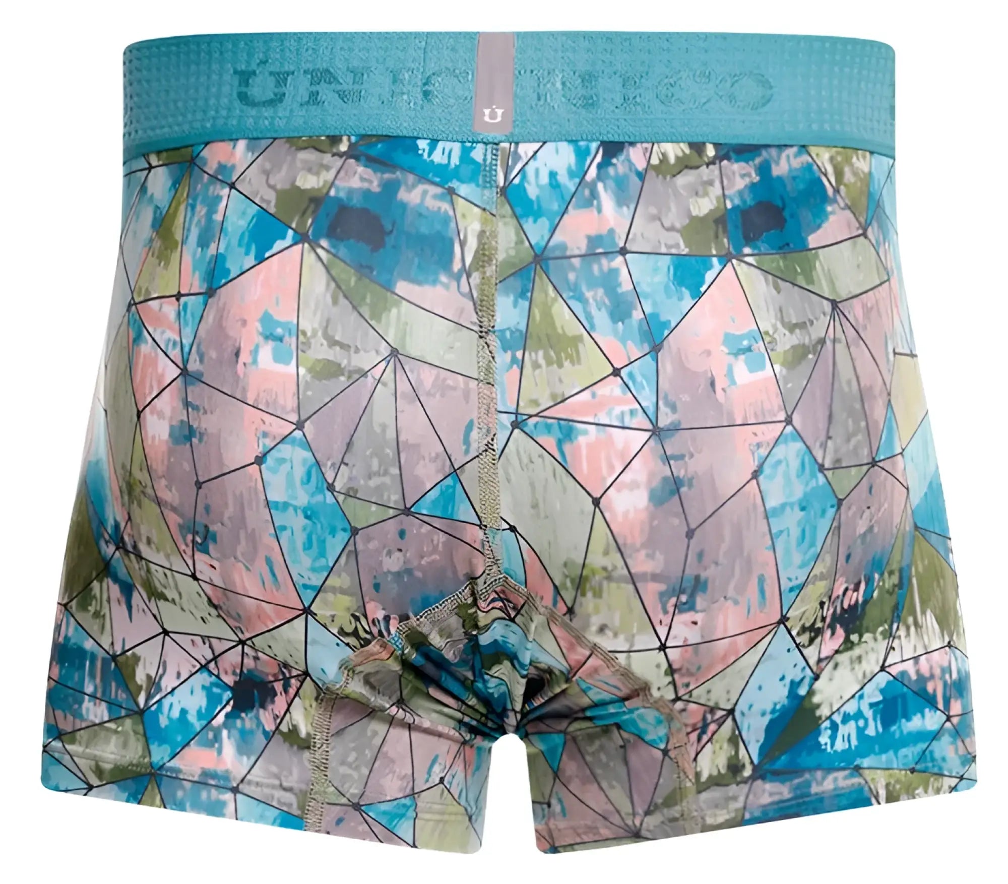 Teal and multicolored geometric-patterned men’s Unico 25070100105 Vitral trunks with a textured waistband