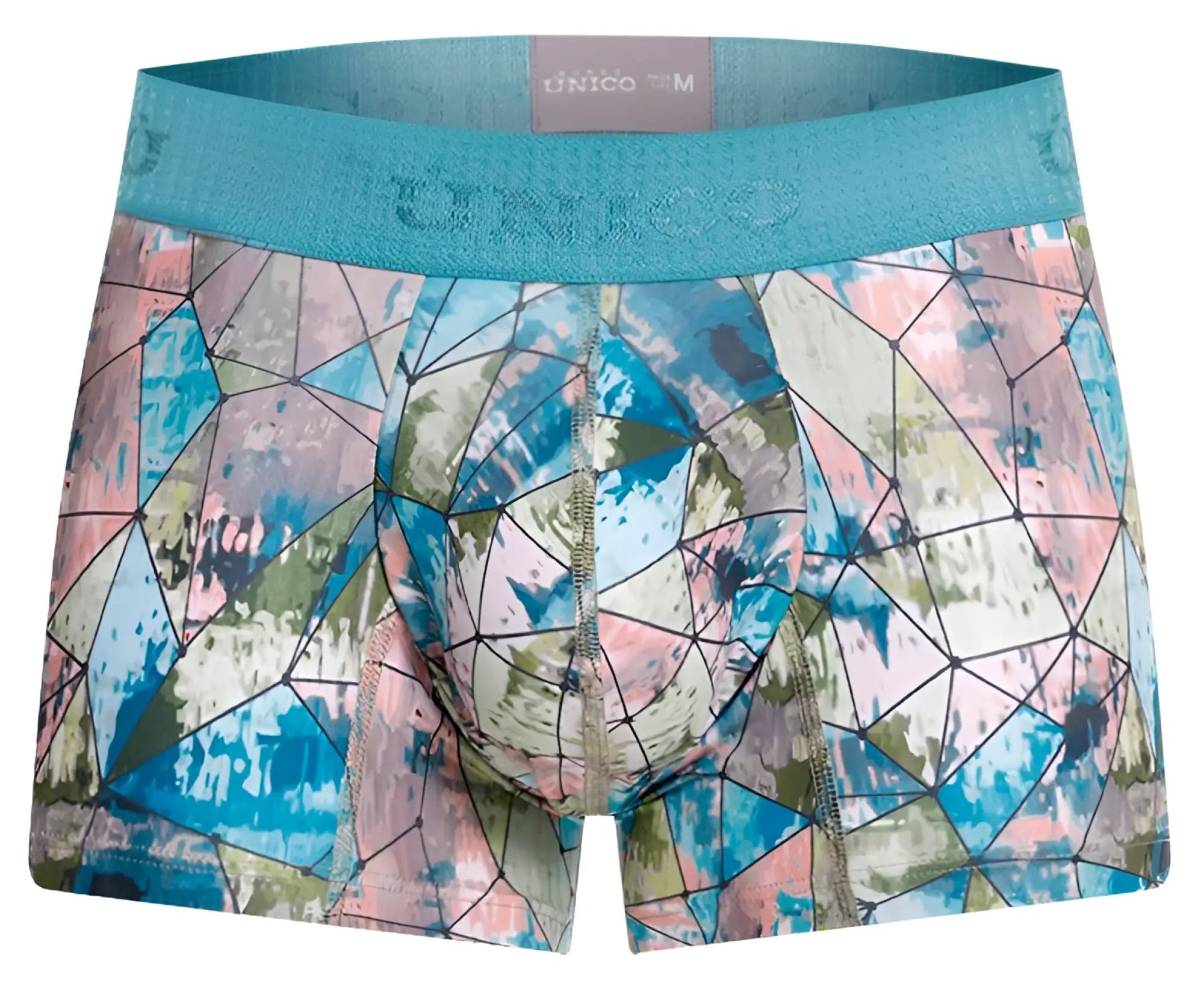 Teal and multicolored geometric patterned unico men’s boxer briefs with textured waistband vitral trunks color 46 printed