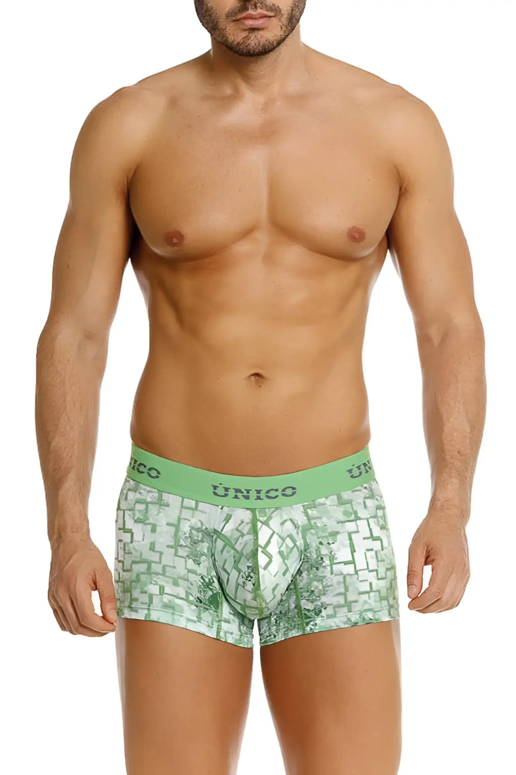 Green patterned men’s boxer briefs with geometric design and único waistband in color 43 green