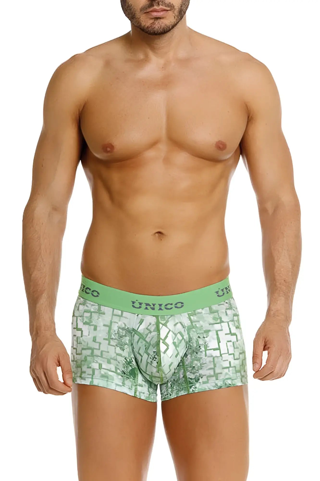 Green patterned men’s boxer briefs with geometric design and único waistband in color 43 green